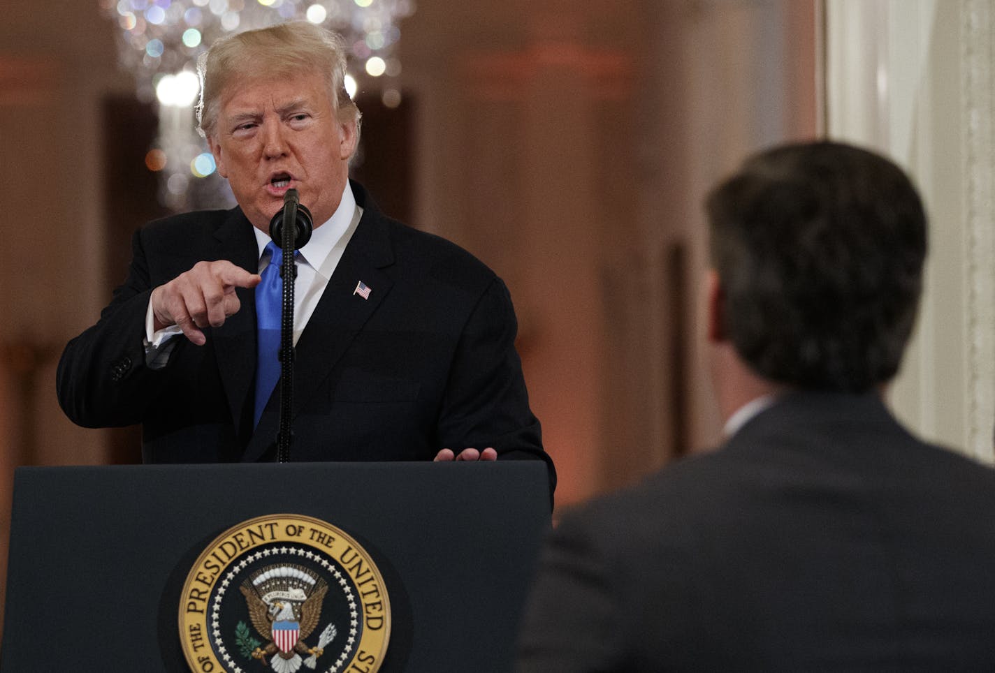 President Donald Trump speaks to CNN journalist Jim Acosta during a news conference in the East Room of the White House, Wednesday, Nov. 7, 2018, in Washington. (AP Photo/Evan Vucci)