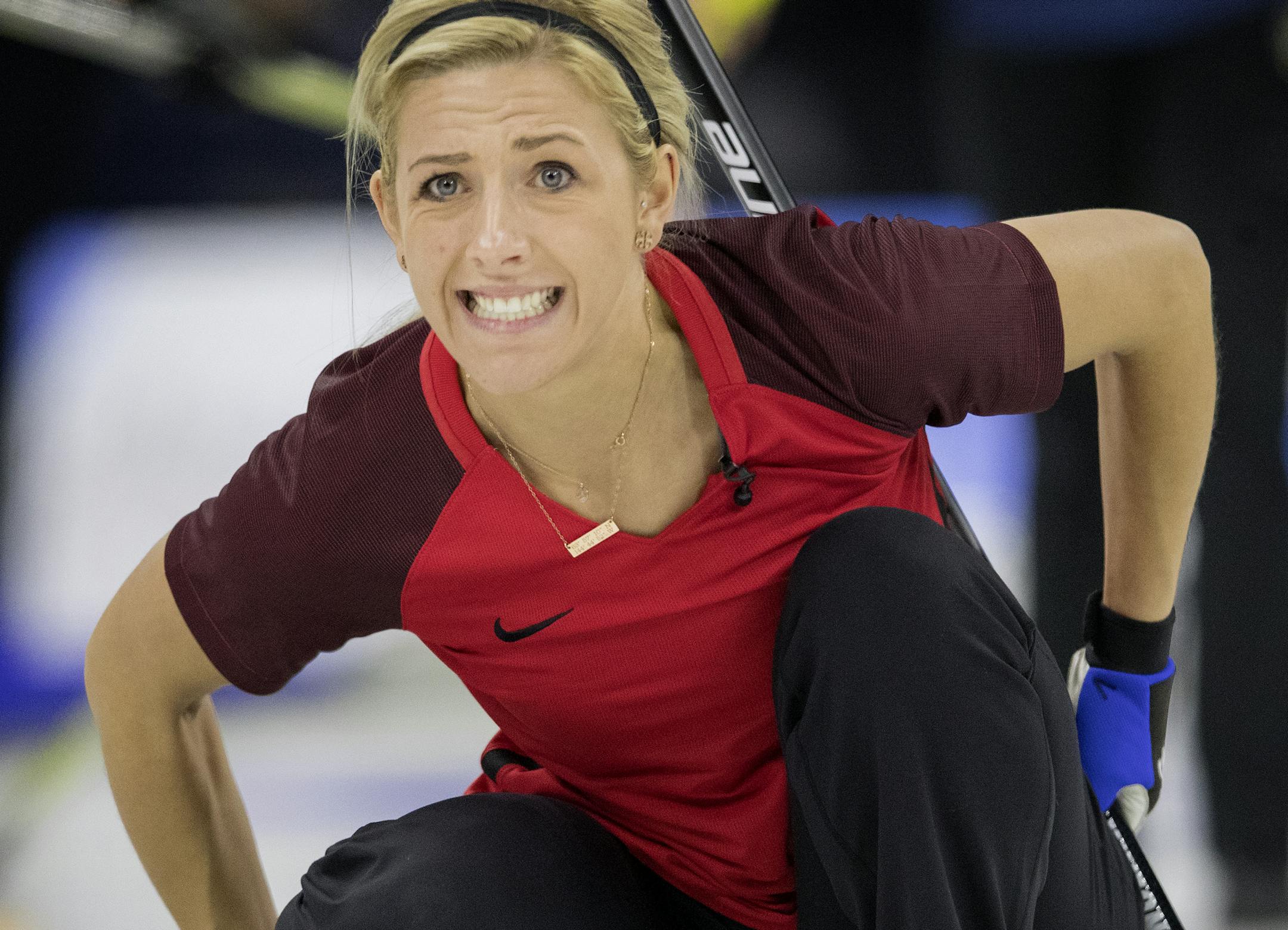 Vicky Persinger of Team Sinclair reacted after delivering the rock during Thursday action at the U.S. Olympic curling team trials. Team Roth beat Team Sinclair 6-5 ] CARLOS GONZALEZ ï cgonzalez@startribune.com - November 16, 2017, Omaha, NE, Baxter Arena, US Olympic curling team trials