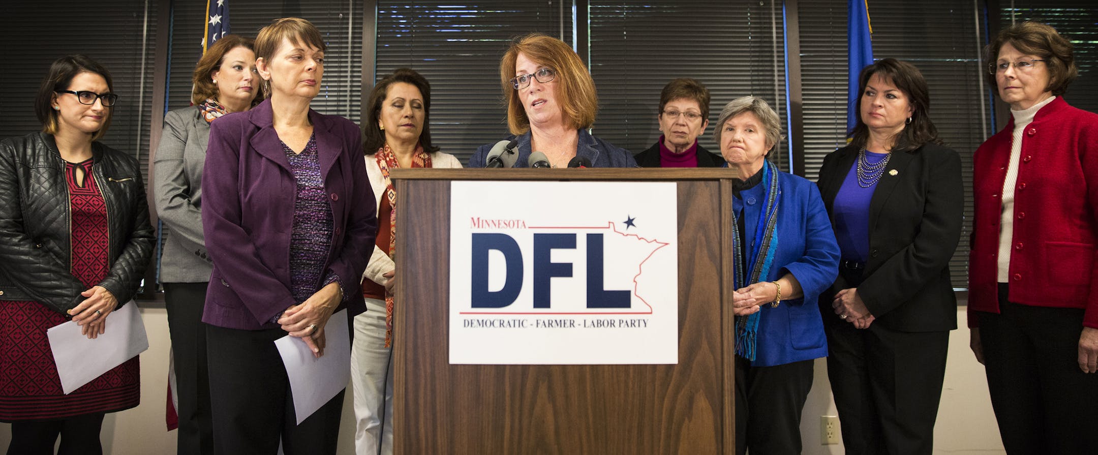 Rep. Erin Murphy, DFL-St. Paul, speaks with other gathered DFL elected officials during a press conference at the DFL Headquarters in St. Paul. ] (Leila Navidi/Star Tribune) leila.navidi@startribune.com BACKGROUND INFORMATION: DFL leaders discuss the effect in Minnesota of recent Trump revelations during a press conference at the DFL Headquarters in St. Paul on Sunday, October 9, 2016.