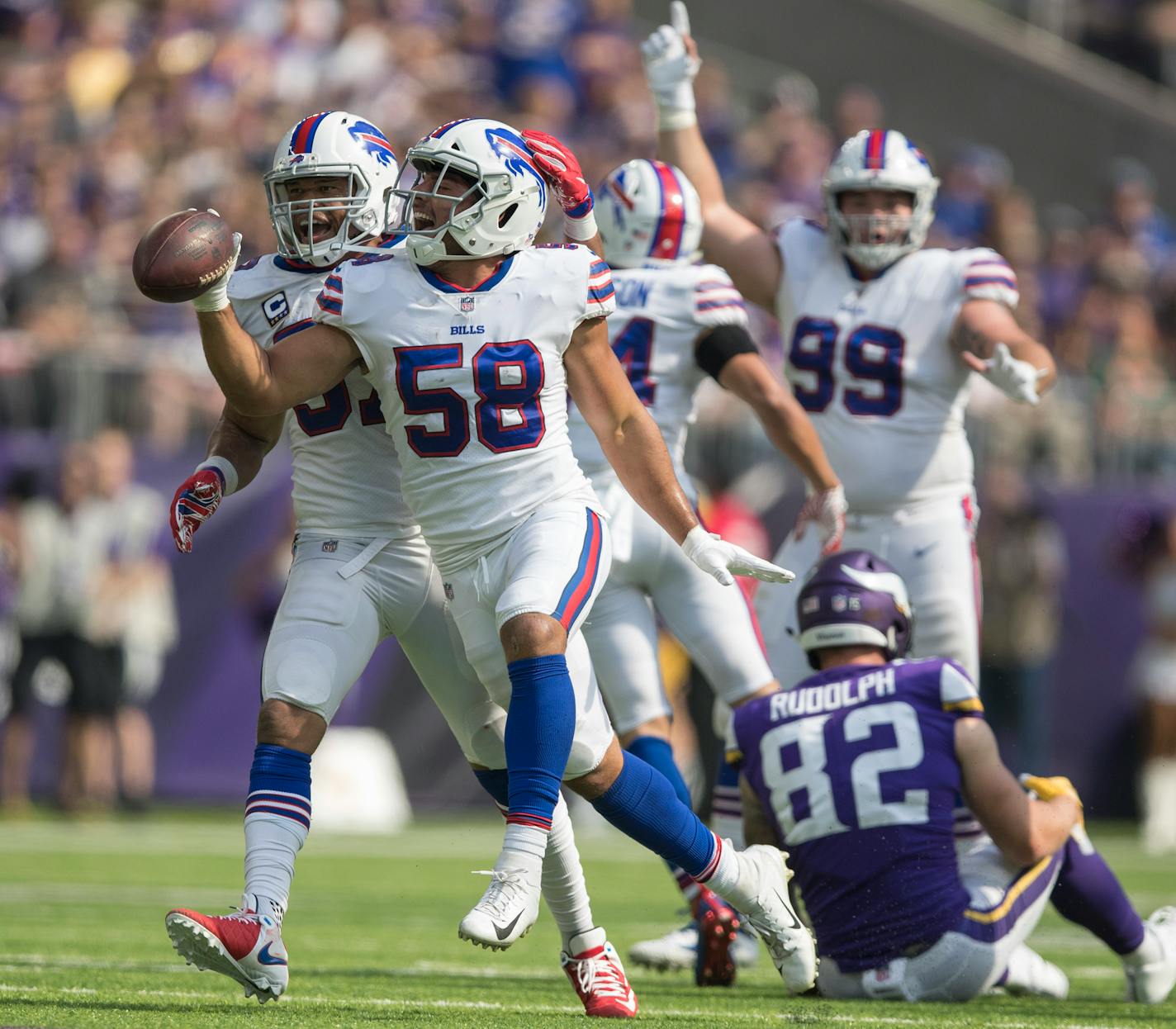 Bills linebacker Matt Milano (58) celebrates his third quarter interception against the Vikings on Sunday