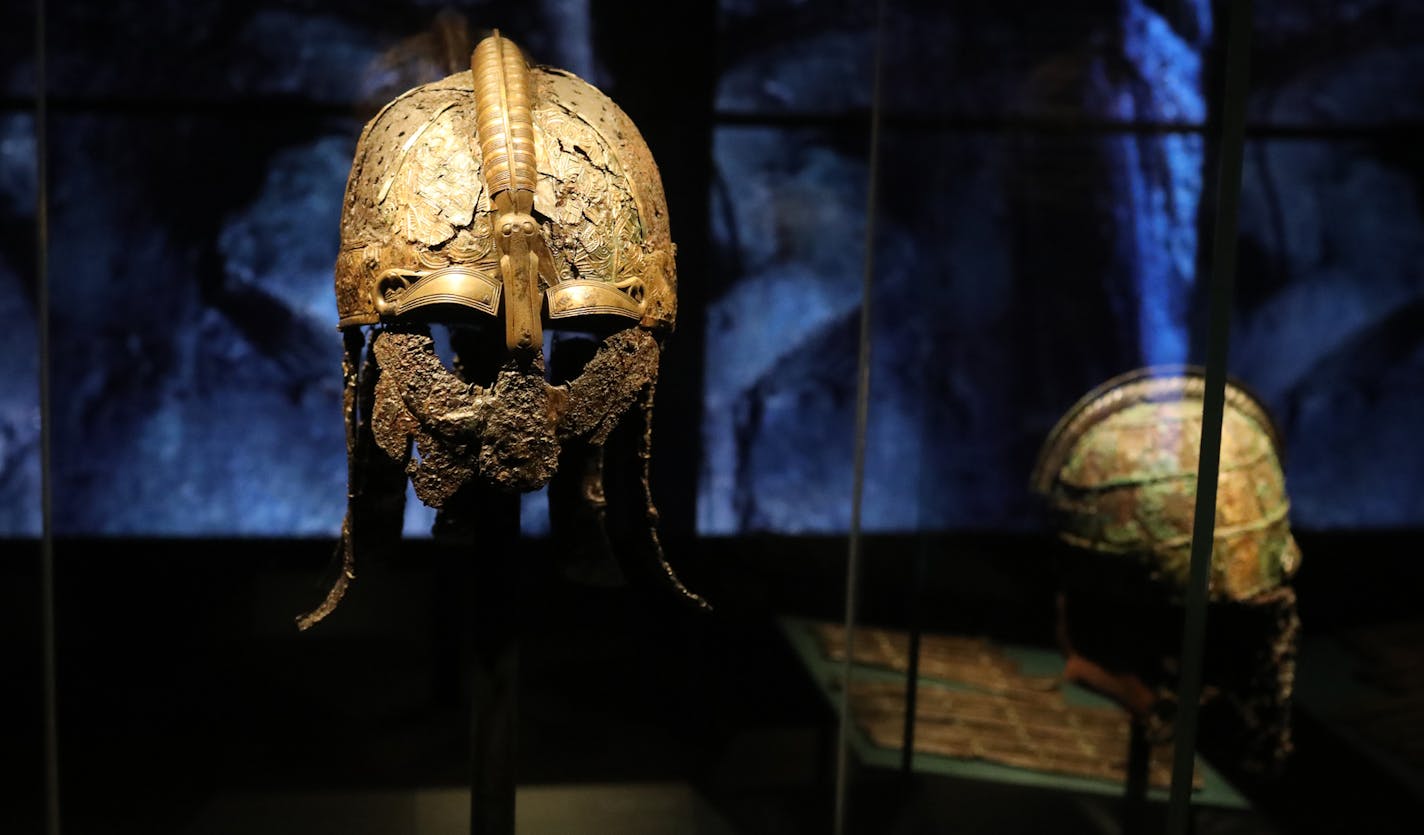 A Vikings warrior helmut from a 7th century boat grave and part of the The Vikings Begin exhibit which opens soon and was seen Wednesday, May 15, 2019, at the American Swedish Institute in Minneapolis, MN. This extraordinary new exhibition features dozens of early Viking artifacts from boat graves, organized by Uppsala University in Sweden and its museum, Gustavianum, which is home to one of the world&#x2019;s finest collections of Viking and pre-Viking objects.] DAVID JOLES &#x2022; david.joles