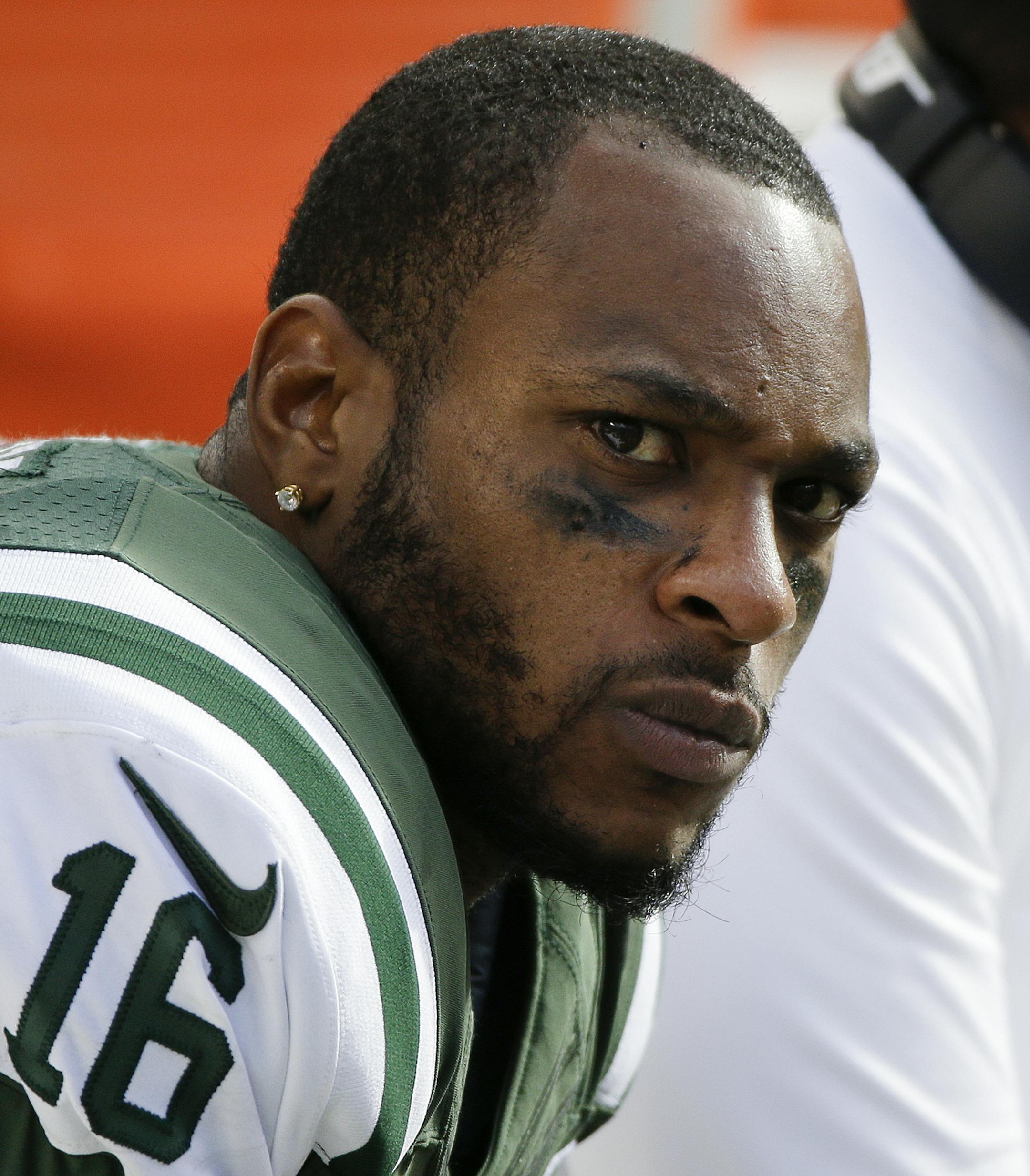 New York Jets wide receiver Percy Harvin (16) sits on the bench during the first half of an NFL football game against the Buffalo Bills Sunday, Oct. 26, 2014, in East Rutherford. (AP Photo/Seth Wenig)