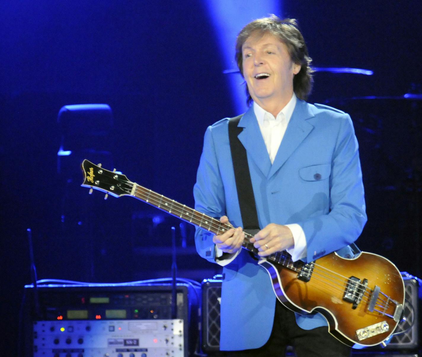 Sir Paul McCartney performs with his band during the &#x201a;&#xc4;&#xfa;Out There" Tour at the Times Union Center on Saturday, July 5, 2014, in Albany, N.Y. (Photo by Hans Pennink/Invision/AP) ORG XMIT: NYHP119