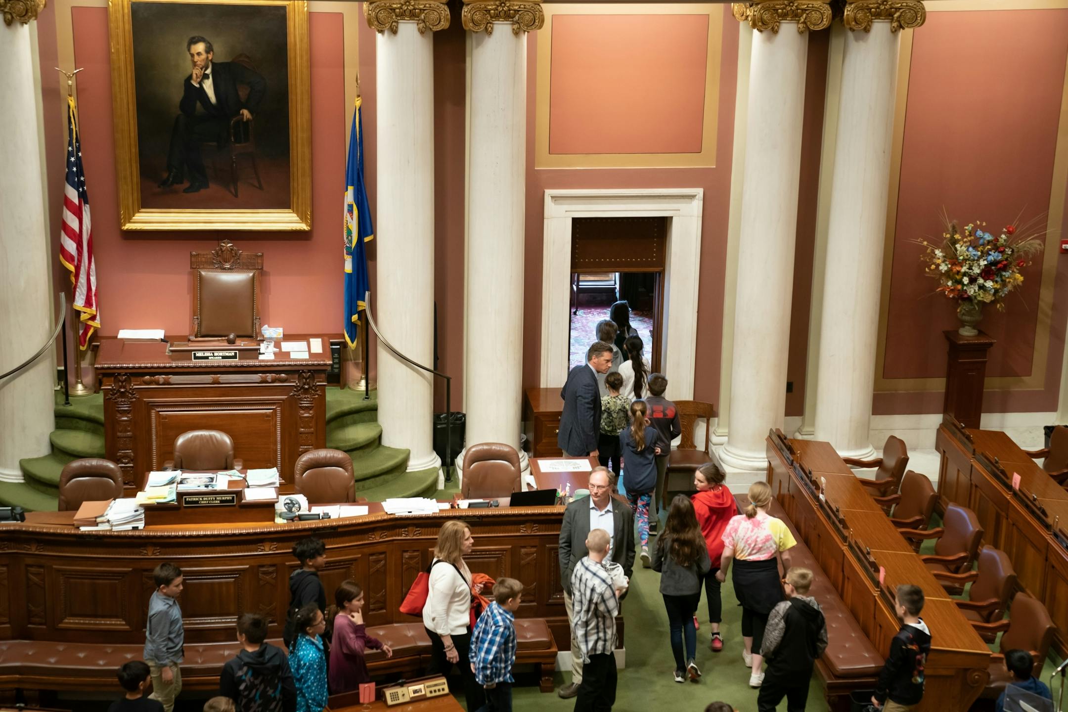House Minority Leader Kurt Daudt talked with a group of fifth graders, visiting from Saint Francis Elementary School in his district. The Minnesota House Chamber Tuesday morning. A special session still looms to finish much of the work that was not completed before the session came to a close at midnight Monday night.