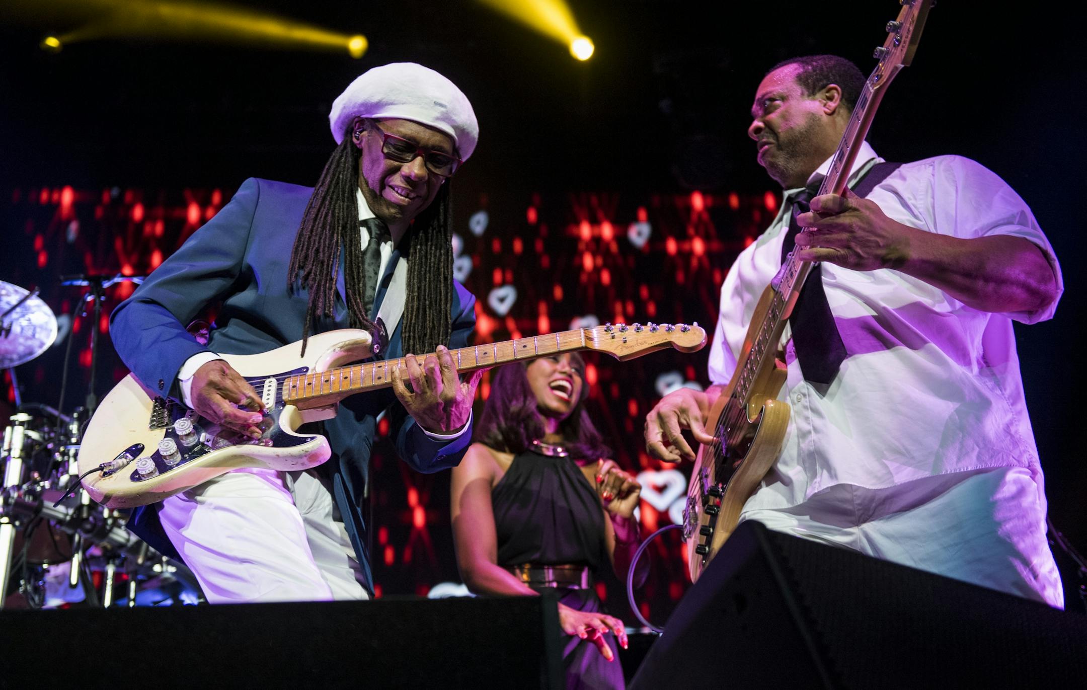 Nile Rodgers, left, and Jerry Barnes, founding members of Chic, performed with the group at the Xcel Energy Center on Saturday night.