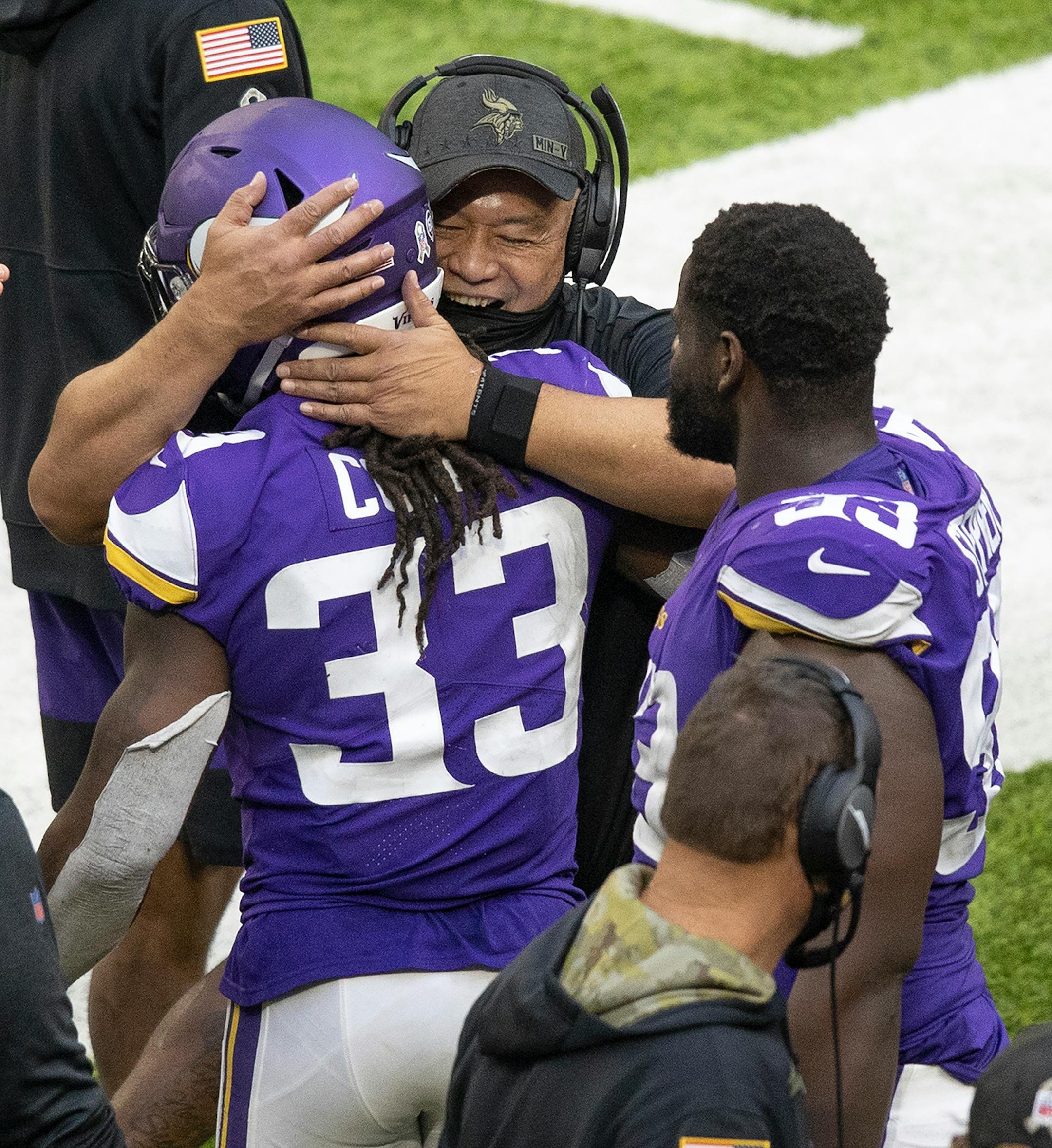 Minnesota Vikings running back Dalvin Cook got a giant hug from the running backs coach Kennedy Polamalu after his 70-yard touchdown in the fourth quarter.