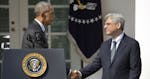 Federal appeals court judge Merrick Garland shakes hands with President Barack Obama as he is introduced as Obama's nominee for the Supreme Court duri