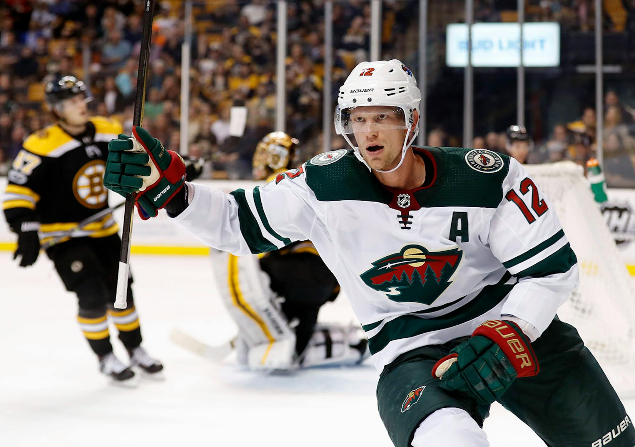 Minnesota Wild's Eric Staal celebrates a goal against Boston earlier this season.