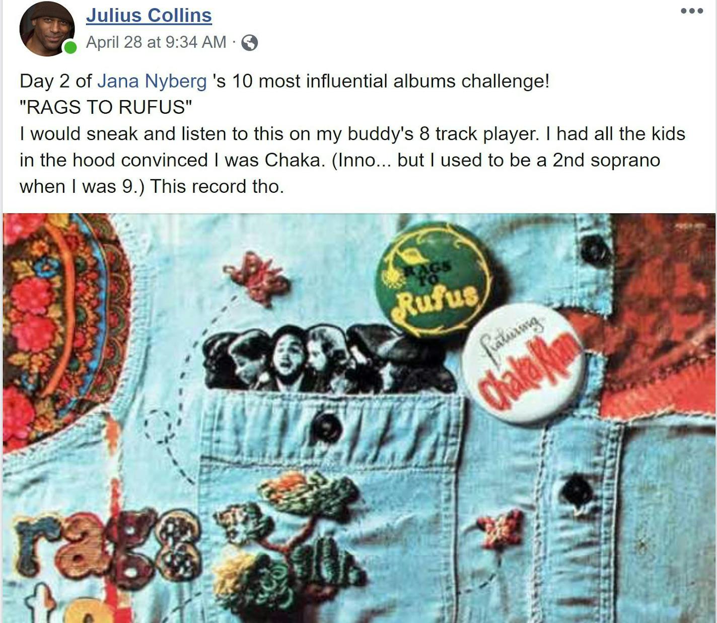 One of singer Julius Collins' "10 albums" posts from his Facebook page.