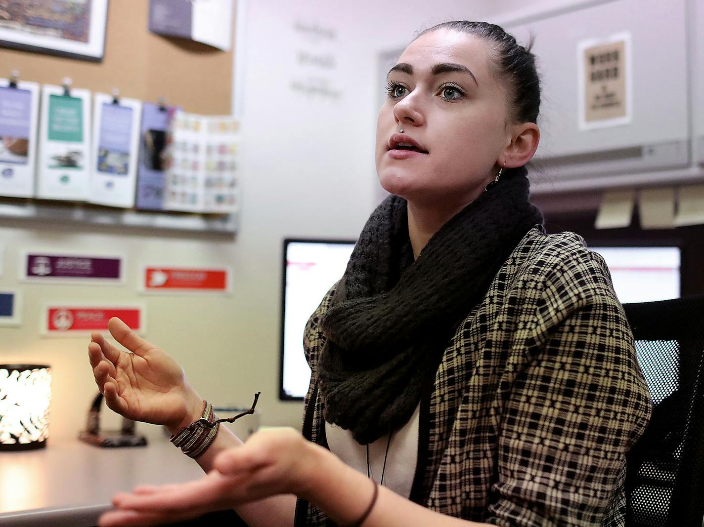 Hannah Mangen, a criminal and civil justice intervention advocate, in her Crystal police department office where she works with domestic violence victims and was seen Tuesday, Jan. 14, 2020, in Crystal, MN.] DAVID JOLES &#x2022; david.joles@startribune.com Hannah Mangen, a criminal and civil justice intervention advocate, splits her workdays in Maple Grove and Crystal police departments. She works directly with hundreds of domestic violence victims, going with them to court, offering emotional s