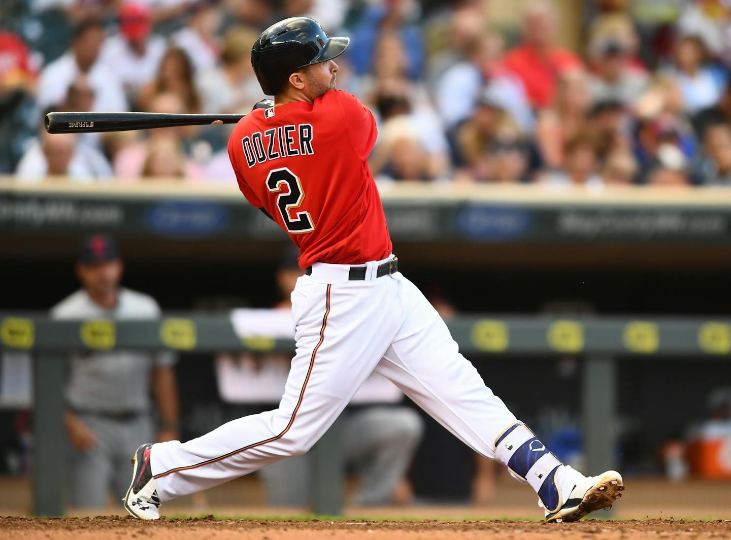 Minnesota Twins second baseman Brian Dozier (2) followed through after hitting a home run in the bottom of the 4th inning against the Cleveland Indians last month.