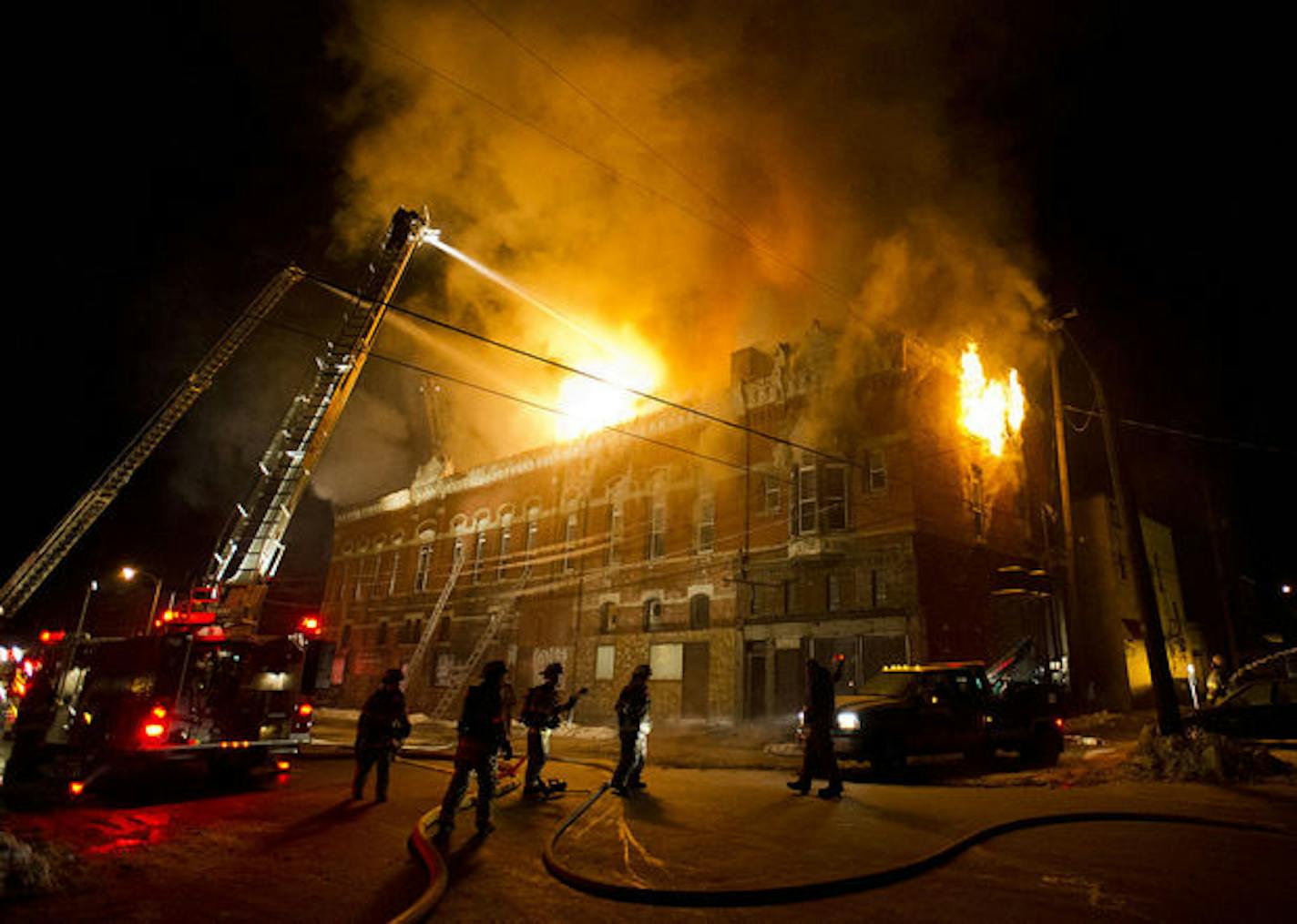 Winona and Goodview firefighters battle a fire at 151 E. Third St. in downtown Winona early Friday, Feb. 6, 2015, morning.