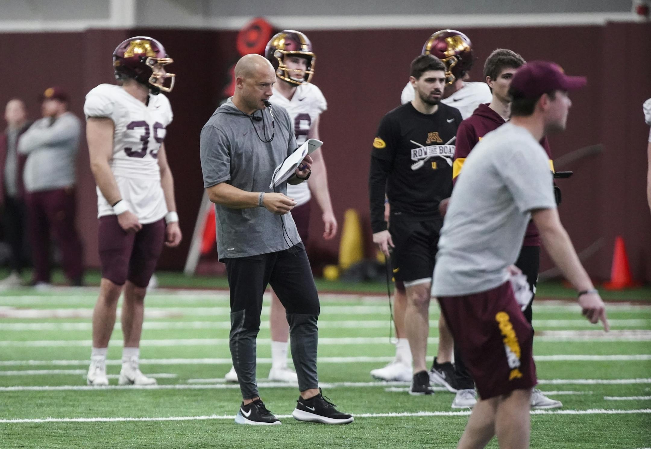 Head coach P.J. Fleck during the first open Gopher football practice at the University of Minnesota in Minneapolis, Minn., on Friday, March 6, 2020.