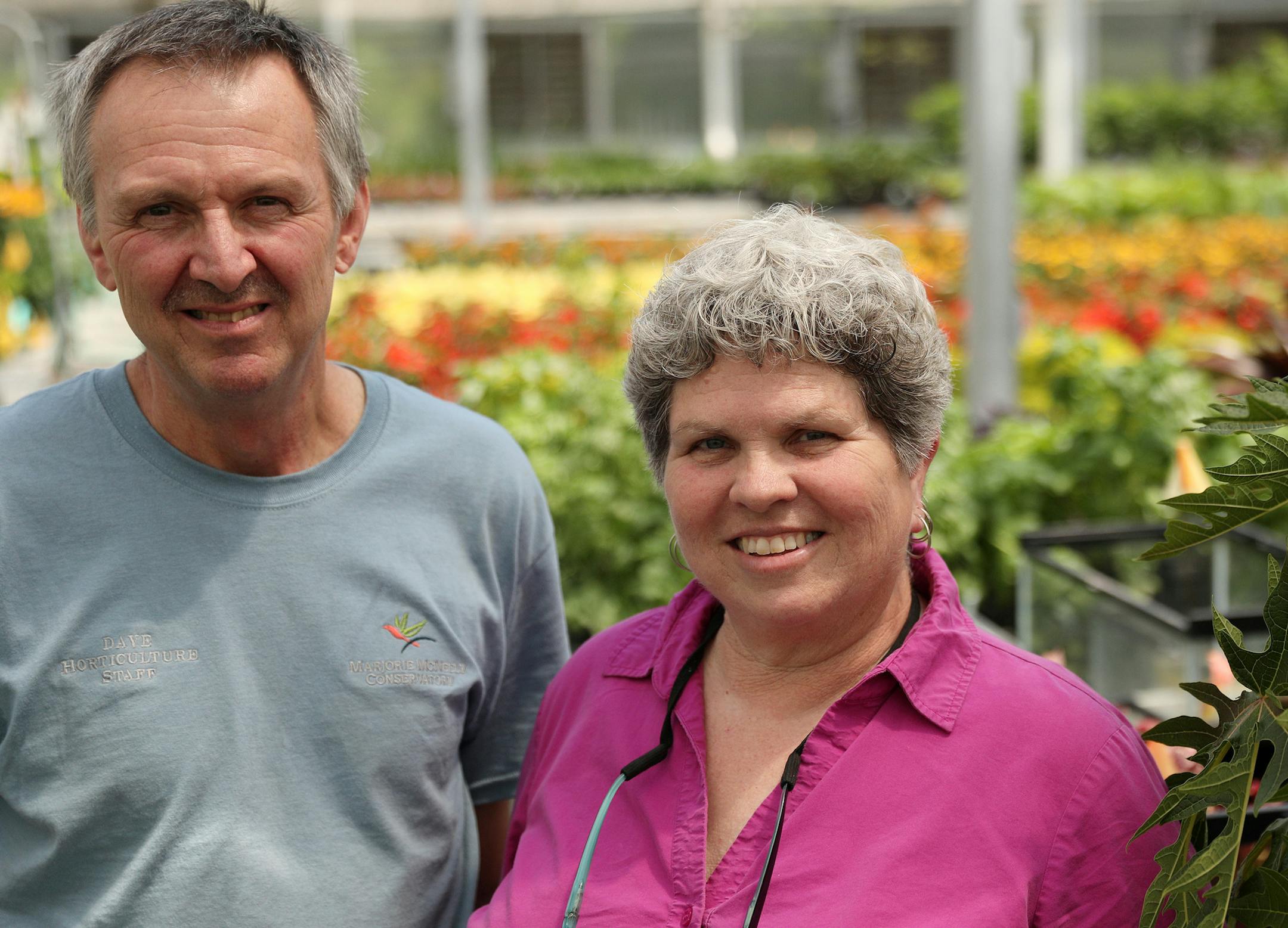 Two longtime Como Park Conservatory gardeners, Dave Patsche and Margaret Yeakel-Twum, stood for a portrait following their retirement luncheon Wednesday. ] ANTHONY SOUFFLE ï anthony.souffle@startribune.com Two longtime Como Park Conservatory gardeners, Dave Patsche and Margaret Yeakel-Twum, were honored at a retirement luncheon Wednesday, May 31, 2017 at Como Park Conservatory in St. Paul, Minn.