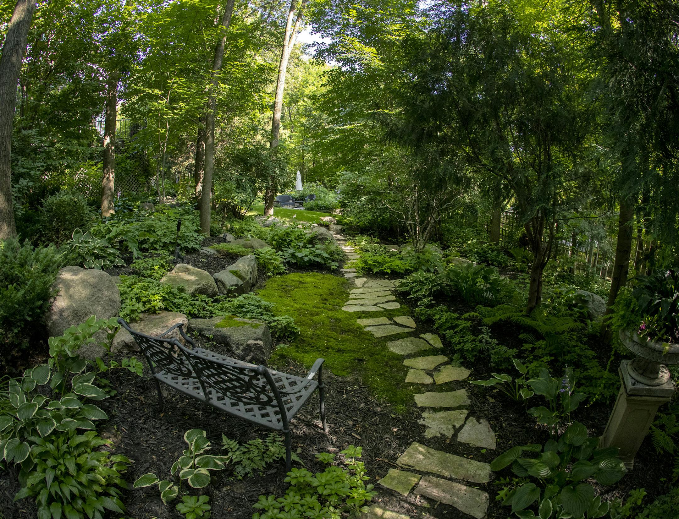 Winding paths of limestone pavers link a series of mostly shaded garden "rooms" in the woodland habitat at the Chanhassen home of Cindy and Mike Colson.