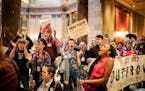 While Rep. Tim Miller, R-Prinsburg, spoke on an amendment about conversion therapy on the House Floor, over one hundred protesters with Outfront Minne