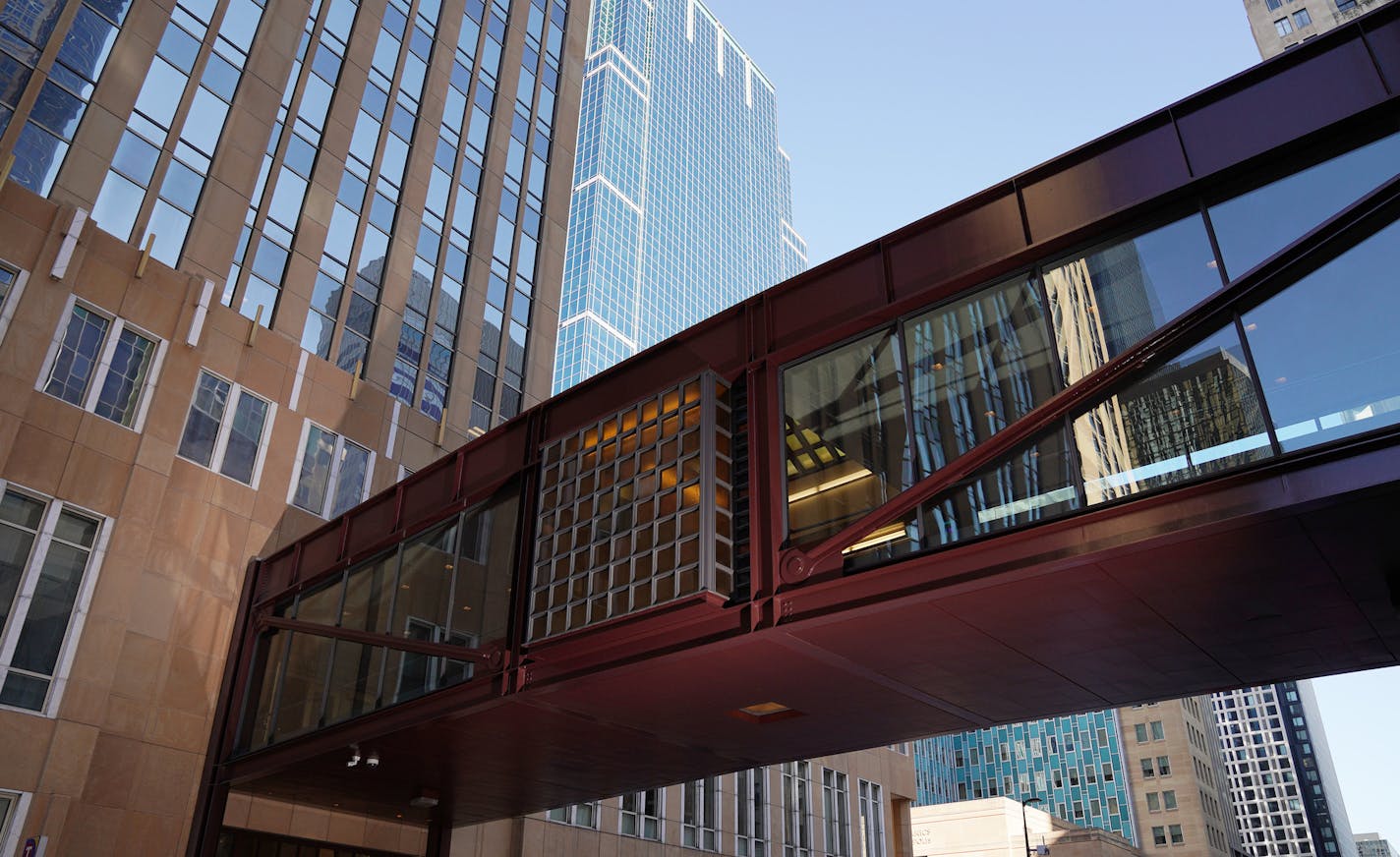 Sky Bridge No. 1 crosses Marquette Avenue between Wells Fargo Center and Six Quebec