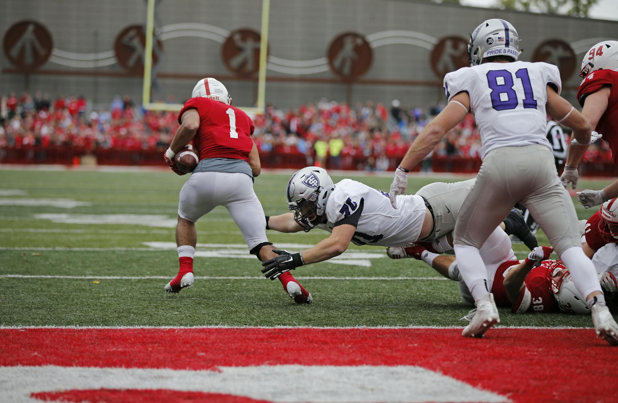 St. John's Max Jackson recovered a St. Thomas fumble near their goal line and ran it back 99 yards for a Johnnies touchdown. earlier this season.