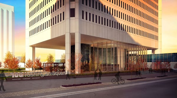 A rendering shows a makeover to the outside of 100 Washington, a 1980s office building in downtown Minneapolis that is being updated for tech companie