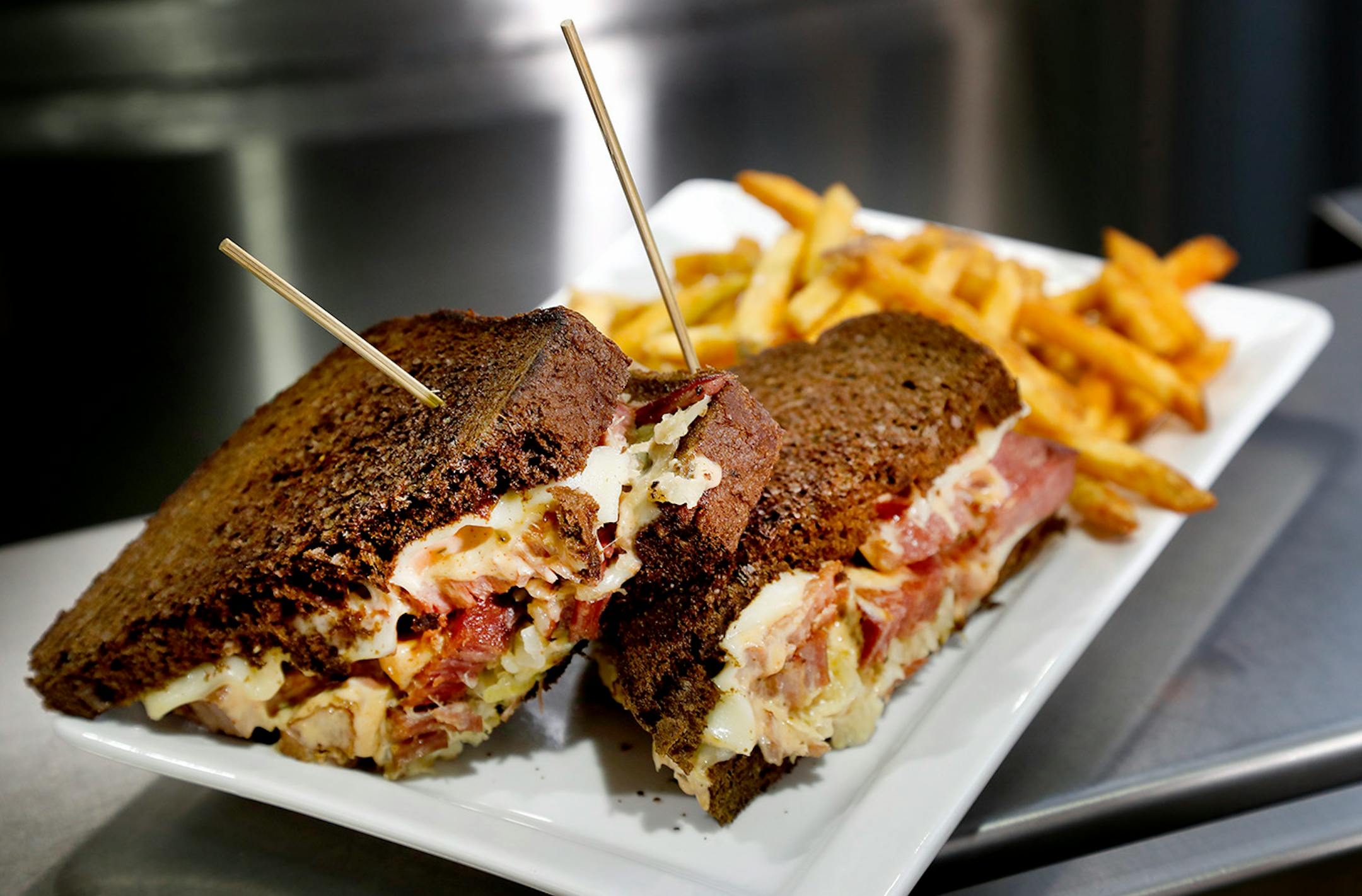 The 15 Barrel Rueben. Thick cut corned beef, sauerkraut, Swiss cheese, house made Thousand Island dressing served on black Russian rye bread at Canal Park Brewing Company in Duluth.