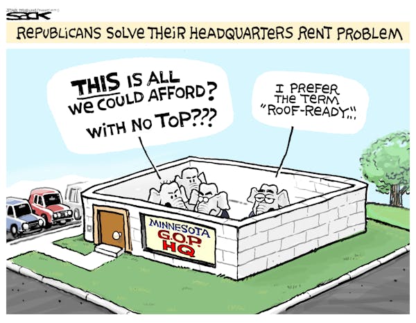Steve Sack editorial cartoon for May 3, 2003. Topic: State GOP party debt; push to build a roofless Vikings stadium.