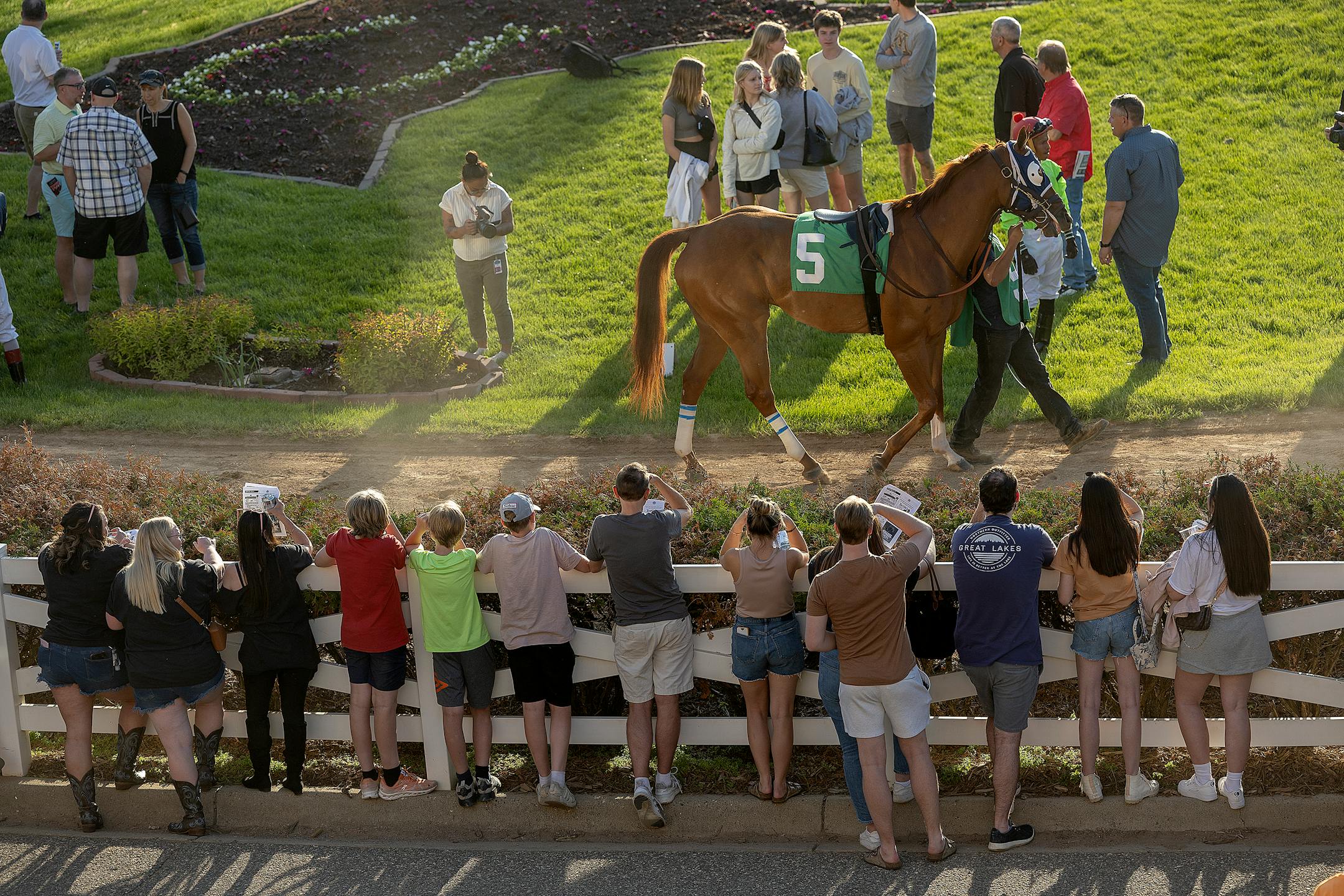 Race fans get a view of the horses in the paddock before a race on opening night at Canterbury Park.