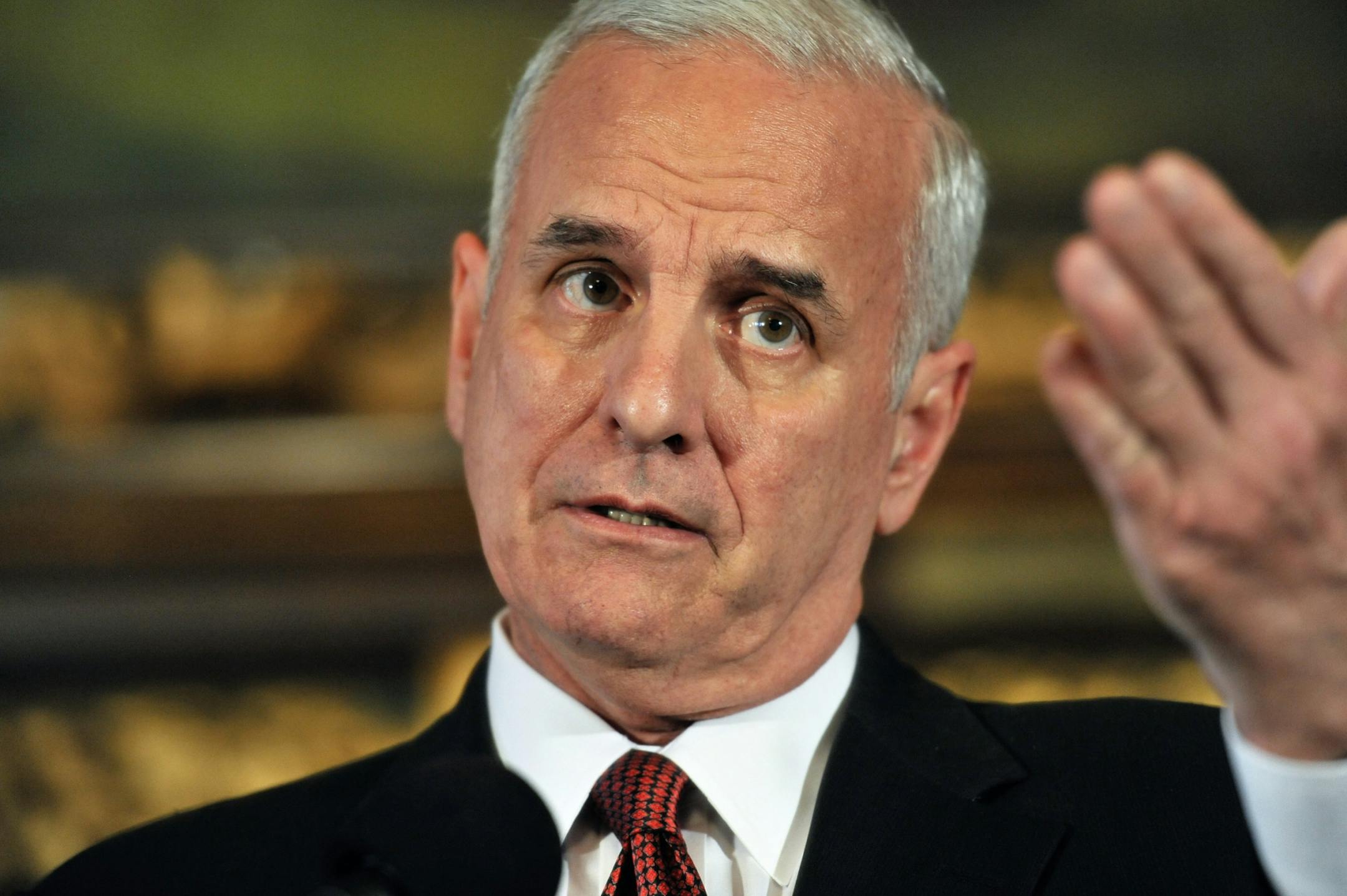 Gov. Mark Dayton spoke to reporters after meeting with representatives of Block E, the Vikings and Ramsey County about the Vikings stadium.