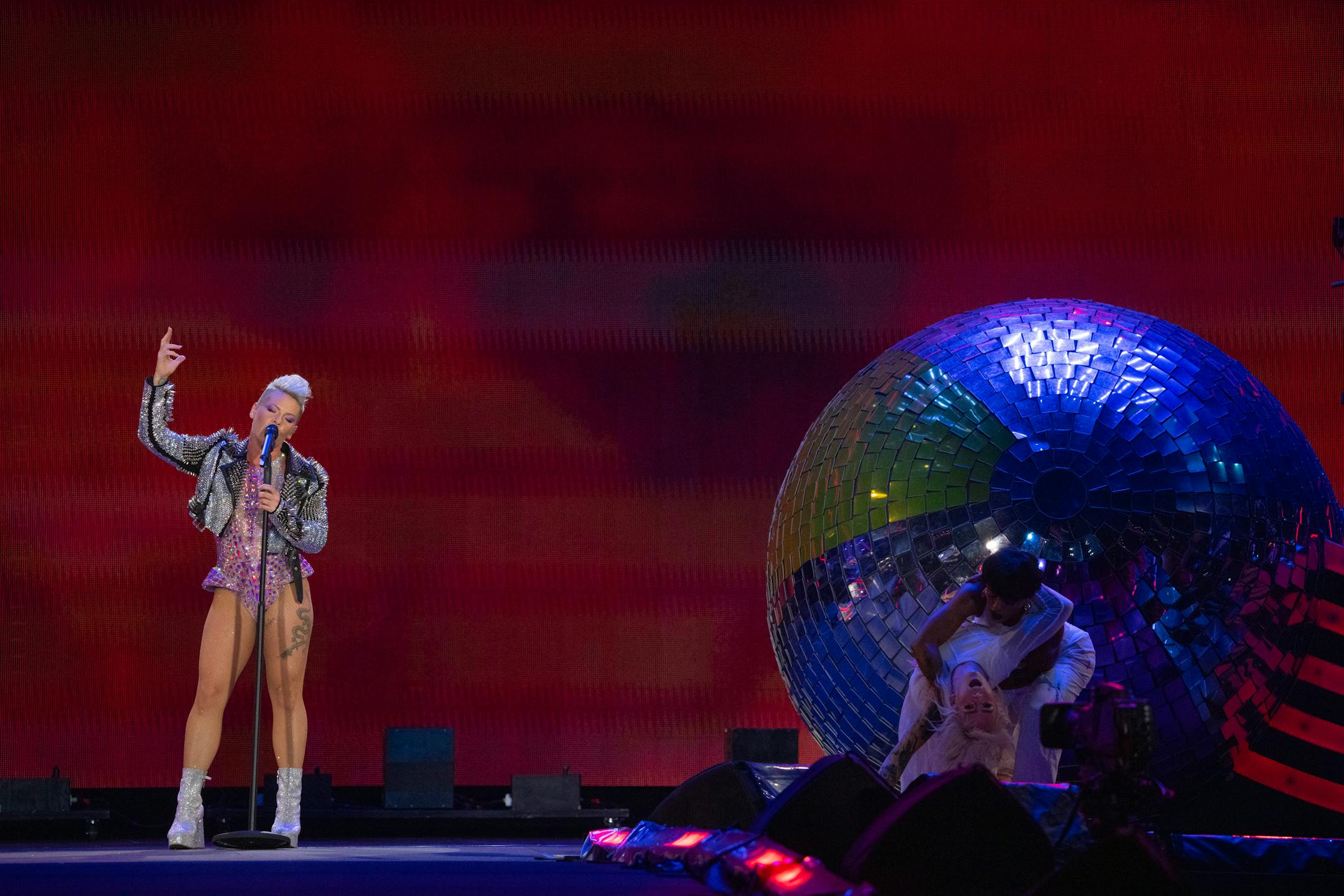 Pink performing Who Knew early in her set at Target Field Thursday night. Pink brought her Summer Carnival Tour to Target Field in Minneapolis Thursday night, August 10, 2023.