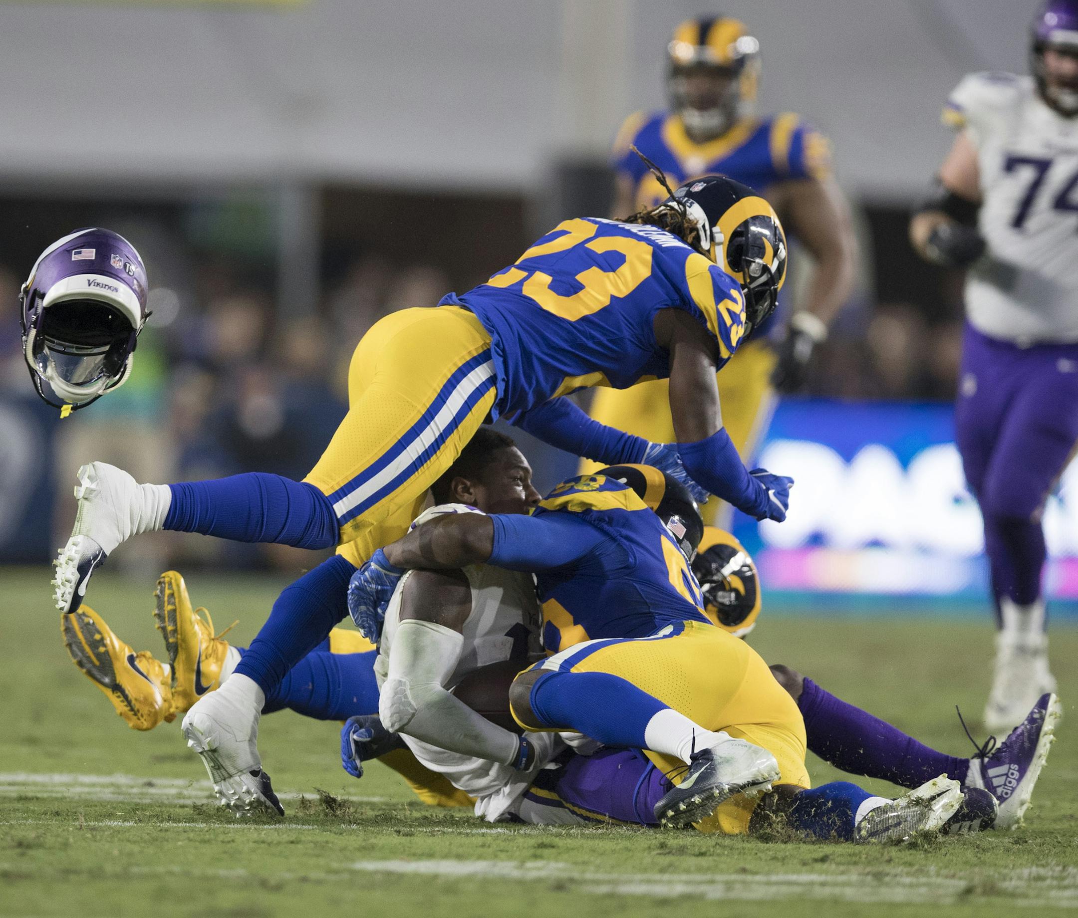 Minnesota Vikings wide receiver Stefon Diggs (14) lost his helmet after he was Los Angeles Rams defensive back Nickell Robey-Coleman (23) in the second half at the L.A. Memorial Coliseum Thursday September 27, 2018 in Los Angles, CA. ] The Los Angeles Rams hosted the Minnesota Vikings a the L.A. Memorial Coliseum . JERRY HOLT ï jerry.holt@startribune.com