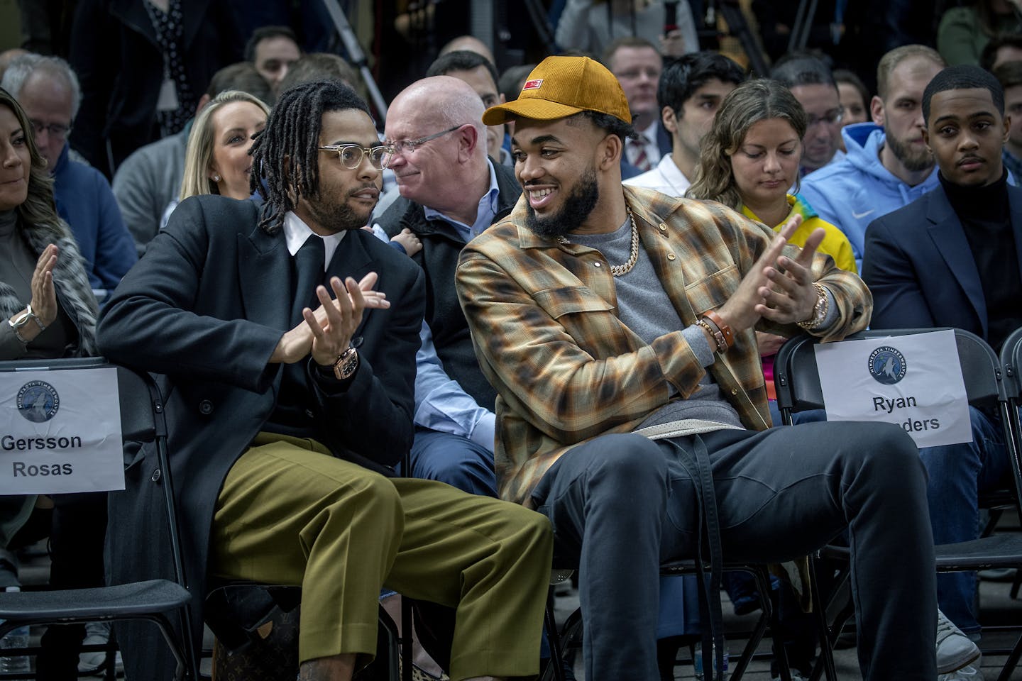 New Timberwolves players including, D'Angelo Russell, left, and Karl-Anthony Towns listened and applauded Minnesota Timberwolves President of Operations, Gersson Rosas and Head Coach Ryan Saunders during a press conference at the City Center, Friday, February 7, 2020 in Minneapolis, MN. ] ELIZABETH FLORES • liz.flores@startribune.com