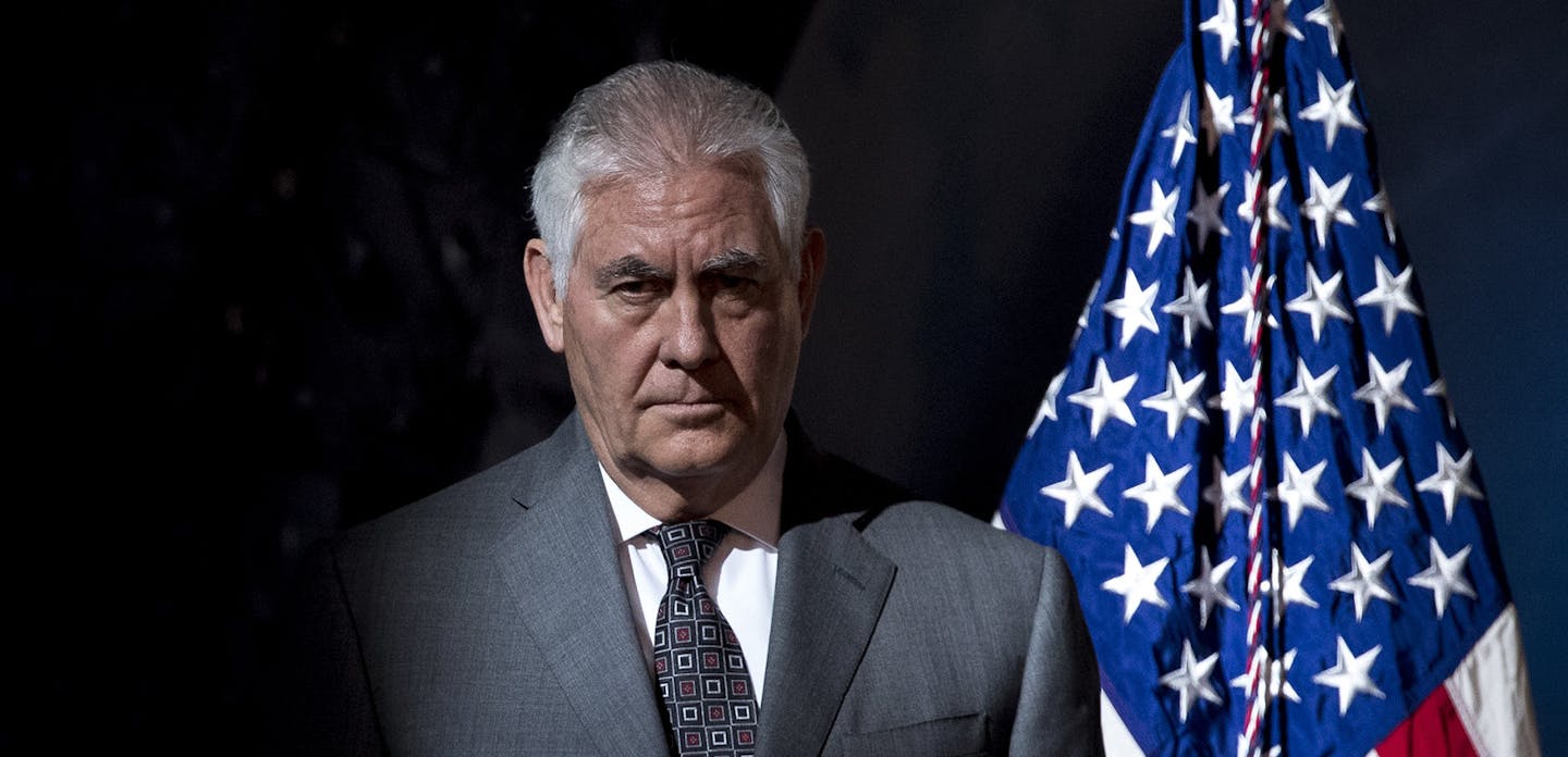 Secretary of State Rex Tillerson arrives for the first meeting of the National Space Council first meeting at the Steven F. Udvar-Hazy Center, Thursday, Oct. 5, 2017 in Chantilly, Va. Tillerson has declared he never considered resigning as President Donald Trump's top diplomat, disputing what he called an "erroneous" report that he wanted to step down earlier this year.(AP Photo/Andrew Harnik) ORG XMIT: MIN2017112816581741