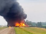 This photo provided by Doug Zink, smoke fills the sky after a train derailment on Friday, July 5, 2024 near Carrington, N.D.   Rail cars containing ha
