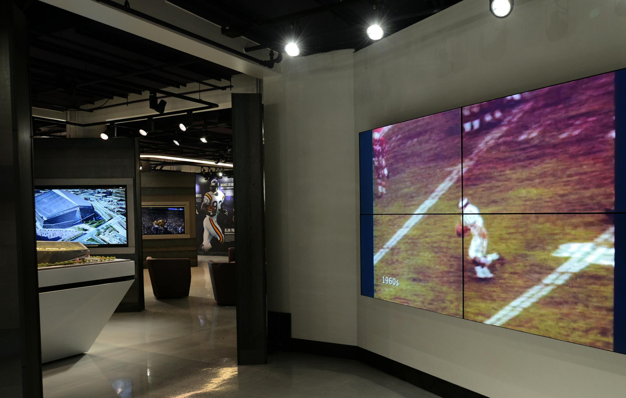 The media toured the new Viking's Stadium Preview Center on Tuesday February 25, 2014 . There are main large video monitors featuring old Viking's football action films ] Richard.Sennott@startribune.com Richard Sennott/Star Tribune Minneapolis , Minn Monday 2/24/2014) ** (cq)