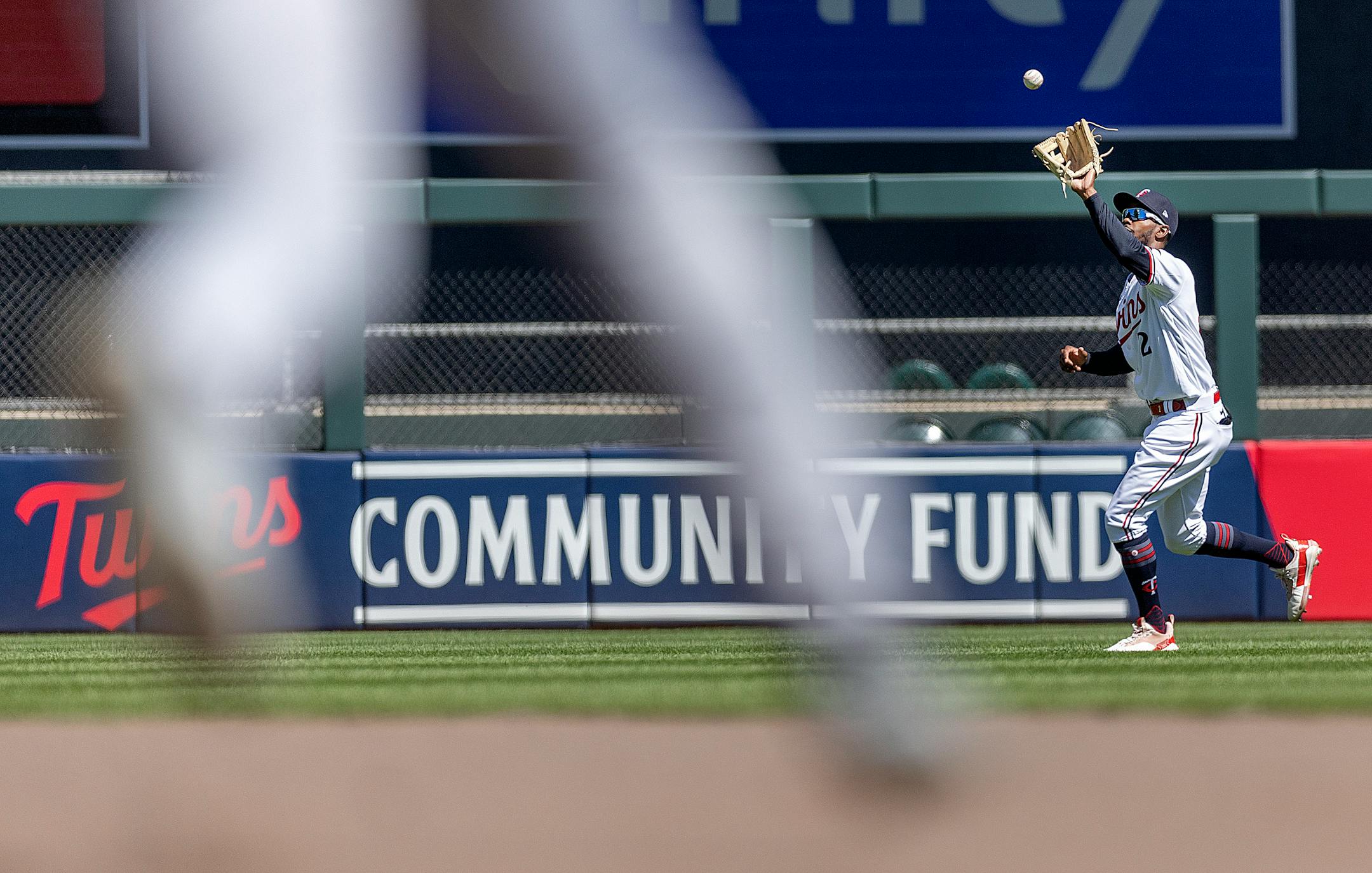 Minnesota Twins center fielder Michael A. Taylor (2) makes a grab in the outfield for an out during the top of the seventh inning.