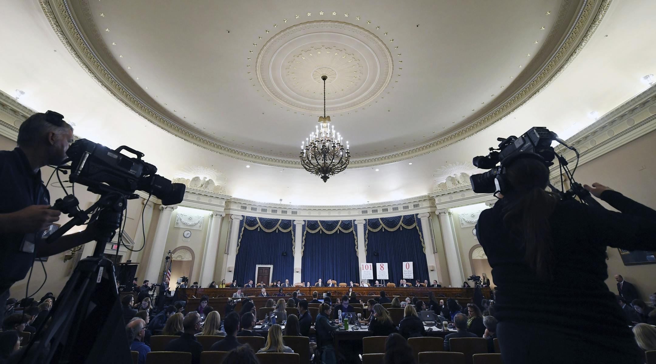 House Intelligence Committee Chairman Adam Schiff, D-Calif., questions former White House national security aide Fiona Hill, and David Holmes, a U.S. diplomat in Ukraine, to testify before the House Intelligence Committee on Capitol Hill in Washington, Thursday, Nov. 21, 2019, during a public impeachment hearing of President Donald Trump's efforts to tie U.S. aid for Ukraine to investigations of his political opponents. (Matt McClain/Pool via AP)