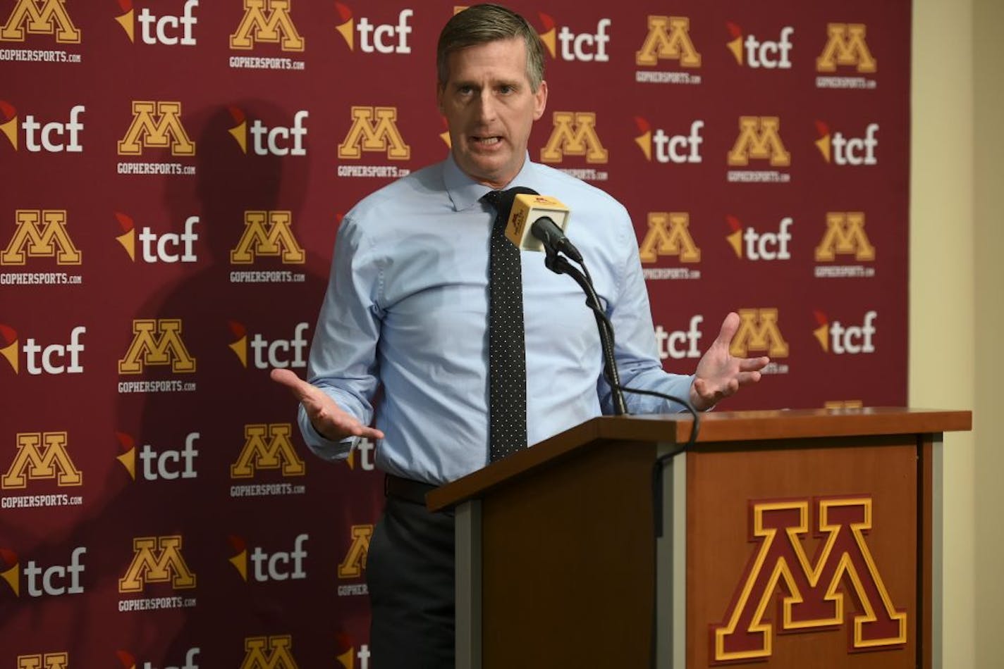 Gophers Athletic Director Mark Coyle spoke to the media shortly after the announcement of a 7-year contract extension for football head coach P.J. Fleck Tuesday.