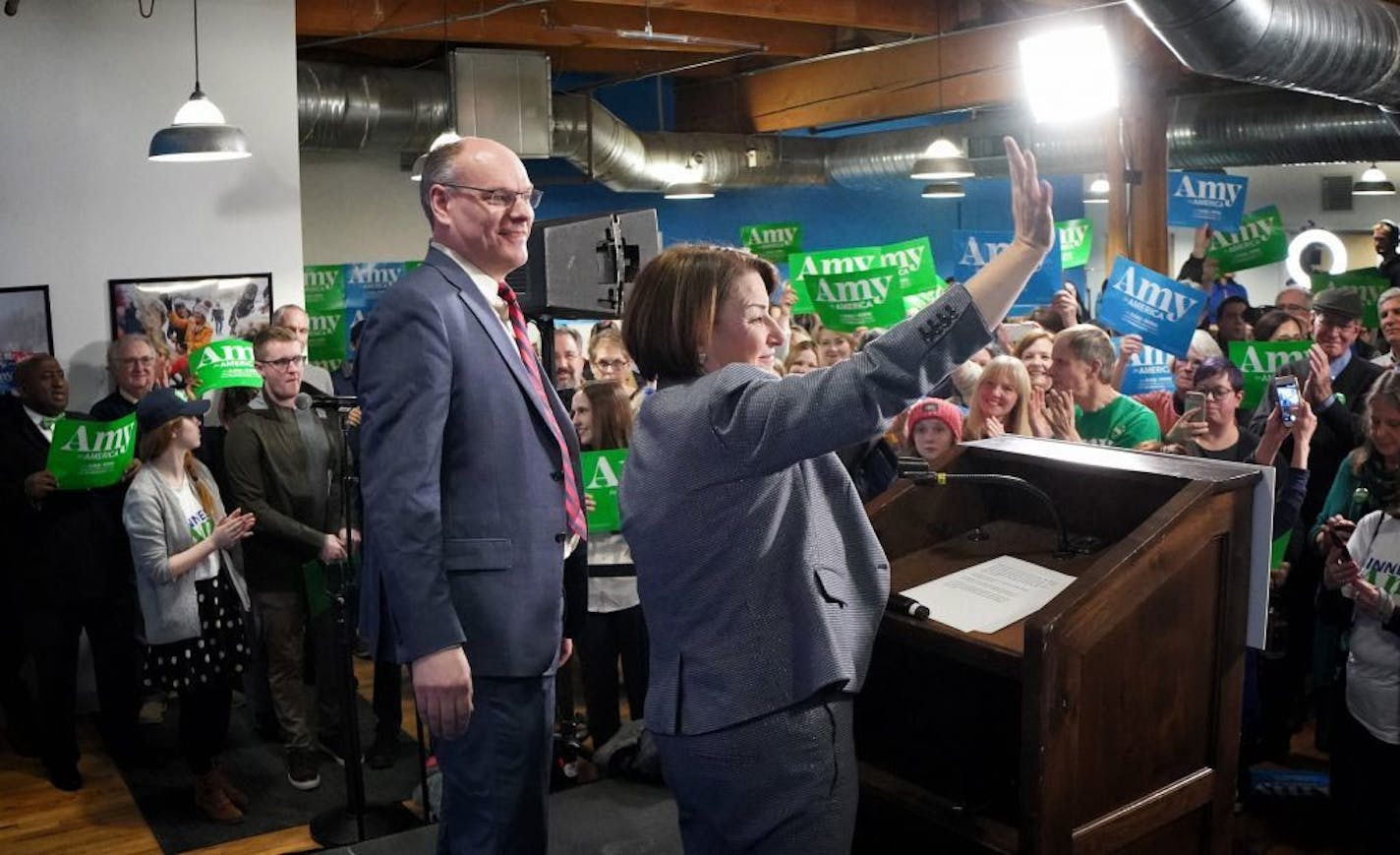 As results from Nevada were coming in, Sen Amy Klobuchar spoke to volunteers Saturday night at her Minneapolis campaign headquarters before heading to a fundraiser.