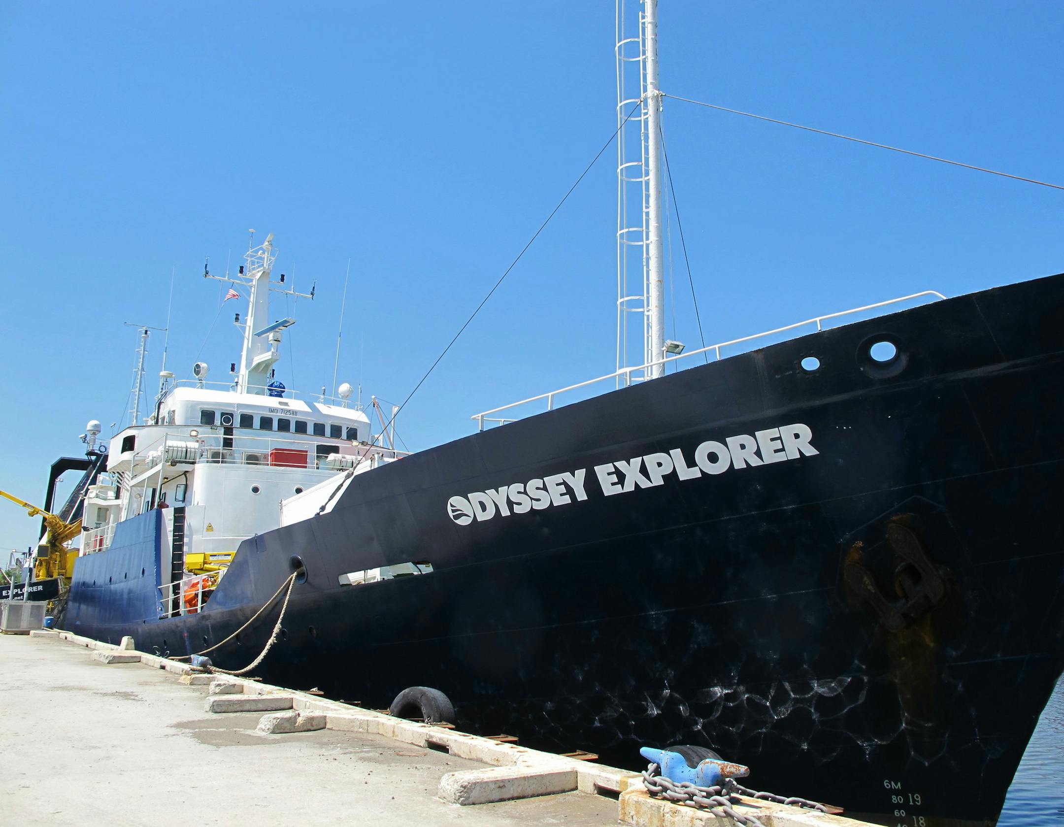 The Odyssey Explorer sits at a dock in North Charleston, S.C., on Tuesday, April 22, 2014. The vessel leaves this week on an expedition to recover the remaining gold from the wreck of the S.S. Central America off the North Carolina coast. It's not clear just how much gold might still be in the wreck of the ship which sank during an 1857 hurricane. An expedition a quarter-century ago recovered gold bars and coins worth about $50 million at that time. (AP Photo/Bruce Smith)