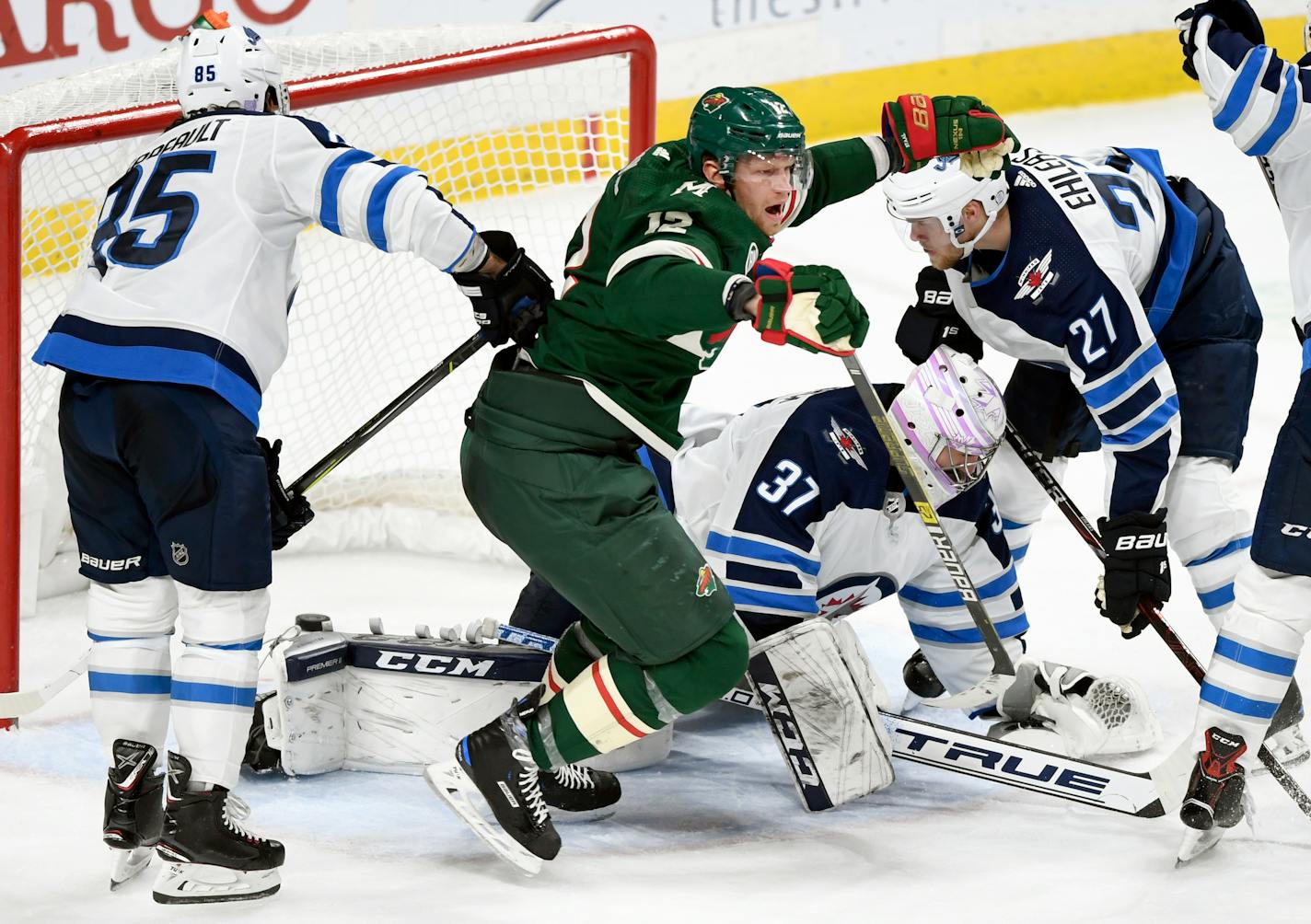 The Wild's Eric Staal celebrates a goal vs. the Jets on Friday.