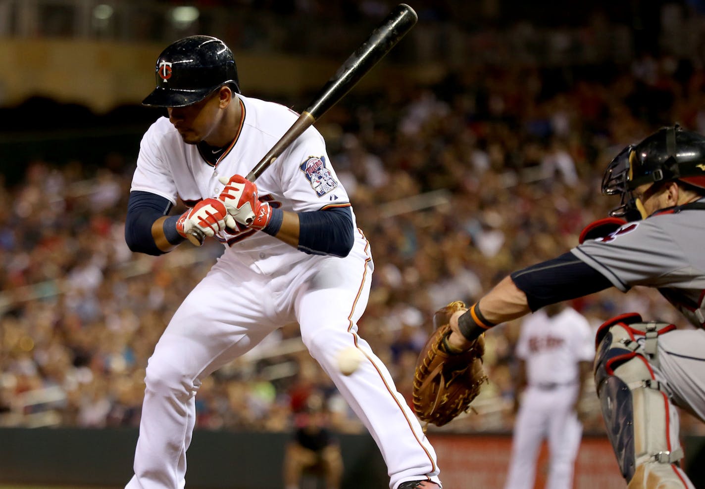 Twins Eduardo Escobar watched his final pitch cross the plate for strike three in the eight inning. ] (KYNDELL HARKNESS/STAR TRIBUNE) kyndell.harkness@startribune.com Twins vs Cleveland in Minneapolis , Min., Friday August 14, 2015. Cleveland won over Twins 6-1. ORG XMIT: MIN1508142200180871