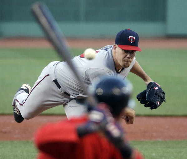 Minnesota Twins starting pitcher Trevor May delivers to Boston Red Sox's Dustin Pedroia in the first inning of a baseball game at Fenway Park in Bosto