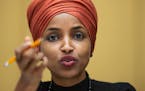 in this Sept. 24, 2019, photo, Rep. Ilhan Omar, D-Minn., speaks on Capitol Hill in Washington.