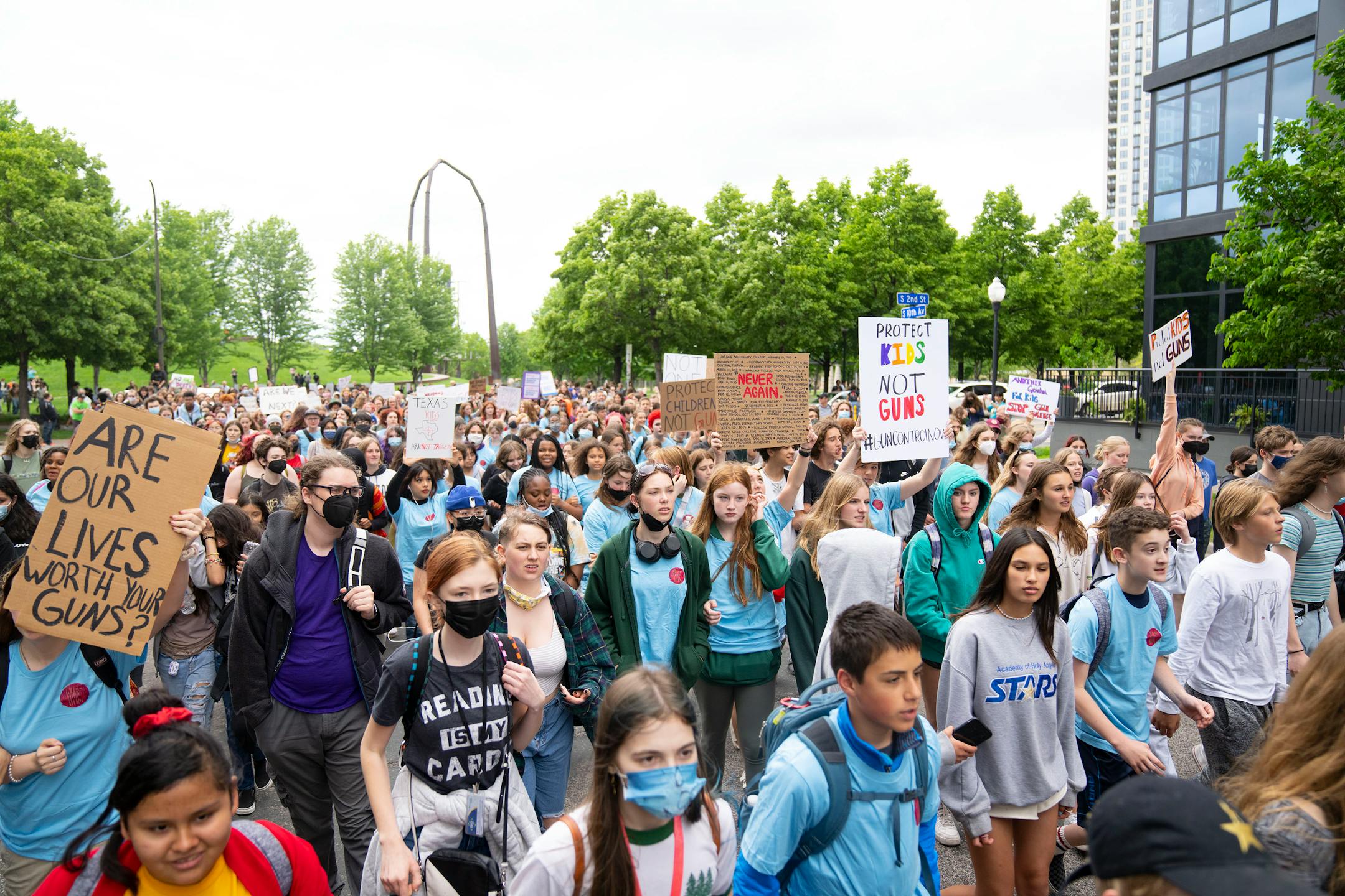 Hundreds of students from around the Twin Cities march from Gold Medal Park to U.S. Bank Stadium during a student walkout and march to protest gun violence.