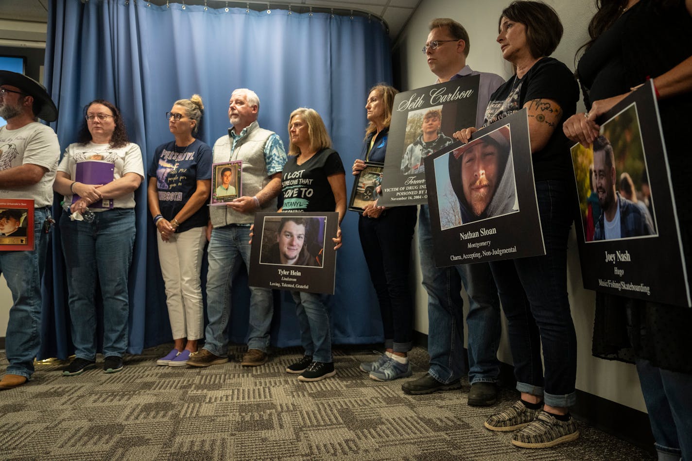 Families of people who died of fentanyl overdoses stood together during a news conference about the drastic increase in fentanyl deaths in Hennepin County at the Hennepin County Sheriff's Office at City Hall on Thursday, Sept. 14, 2023 in Minneapolis, Minn. ] RENEE JONES SCHNEIDER • renee.jones@startribune.com