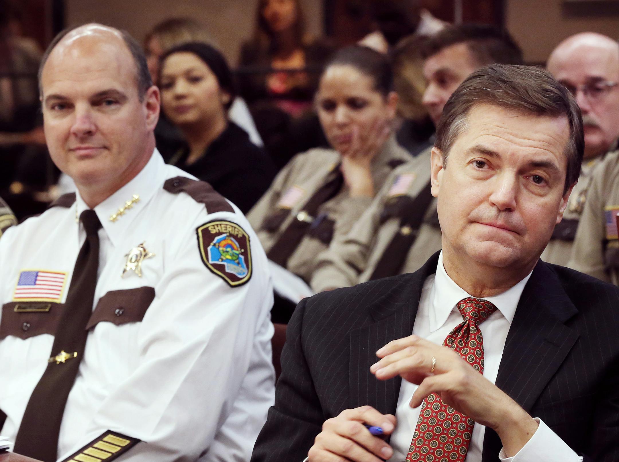 Hennepin County Sheriff Rich Stanek left and Hennepin County Administrator David Hough spoke at a board meeting concerning overtime within the sheriffís department Thursday November 19, 2015 in Minneapolis, MN. ] Jerry Holt/ Jerry.Holt@Startribune.com