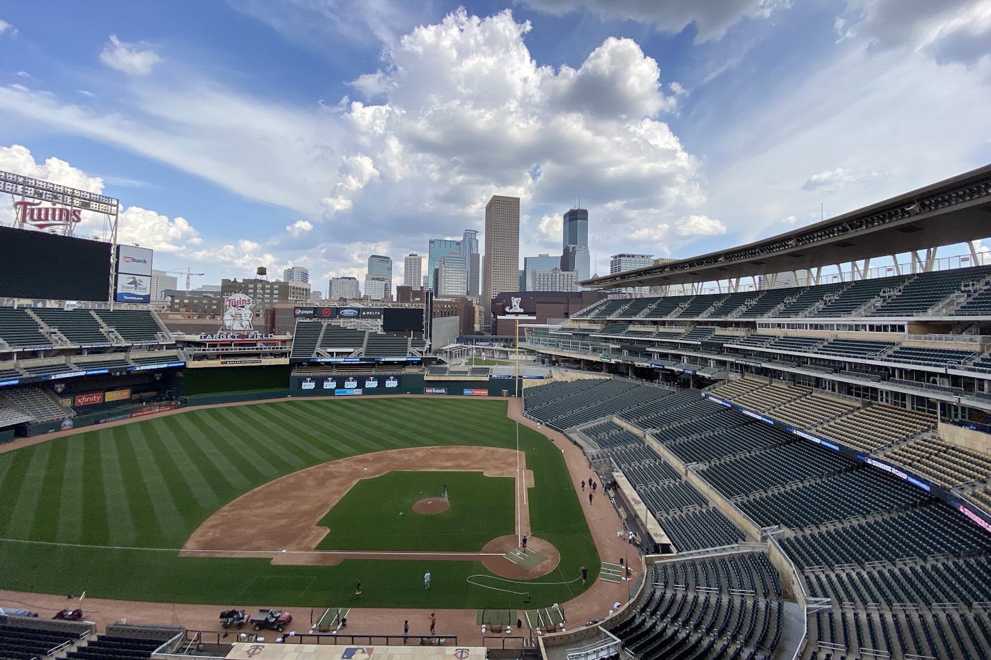 The Minnesota Twins practice in an empty Target Field for the first time since Spring Training Friday.