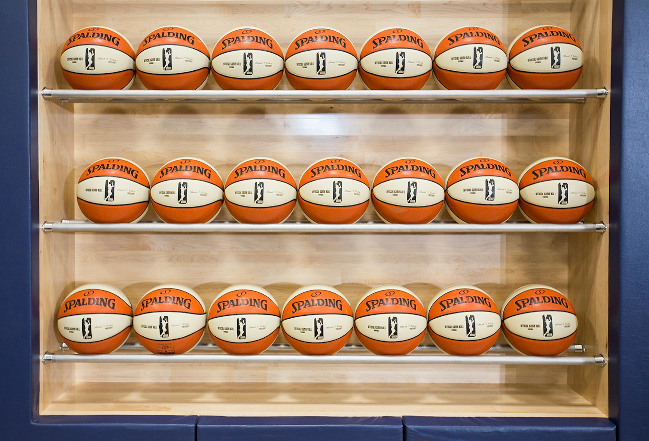 WNBA regulation basketballs for Lynx players are lined up for practice during the grand opening event at the Timberwolves and Lynx Courts at Mayo Clinic Square in downtown Minneapolis on Wednesday, June 17, 2015.