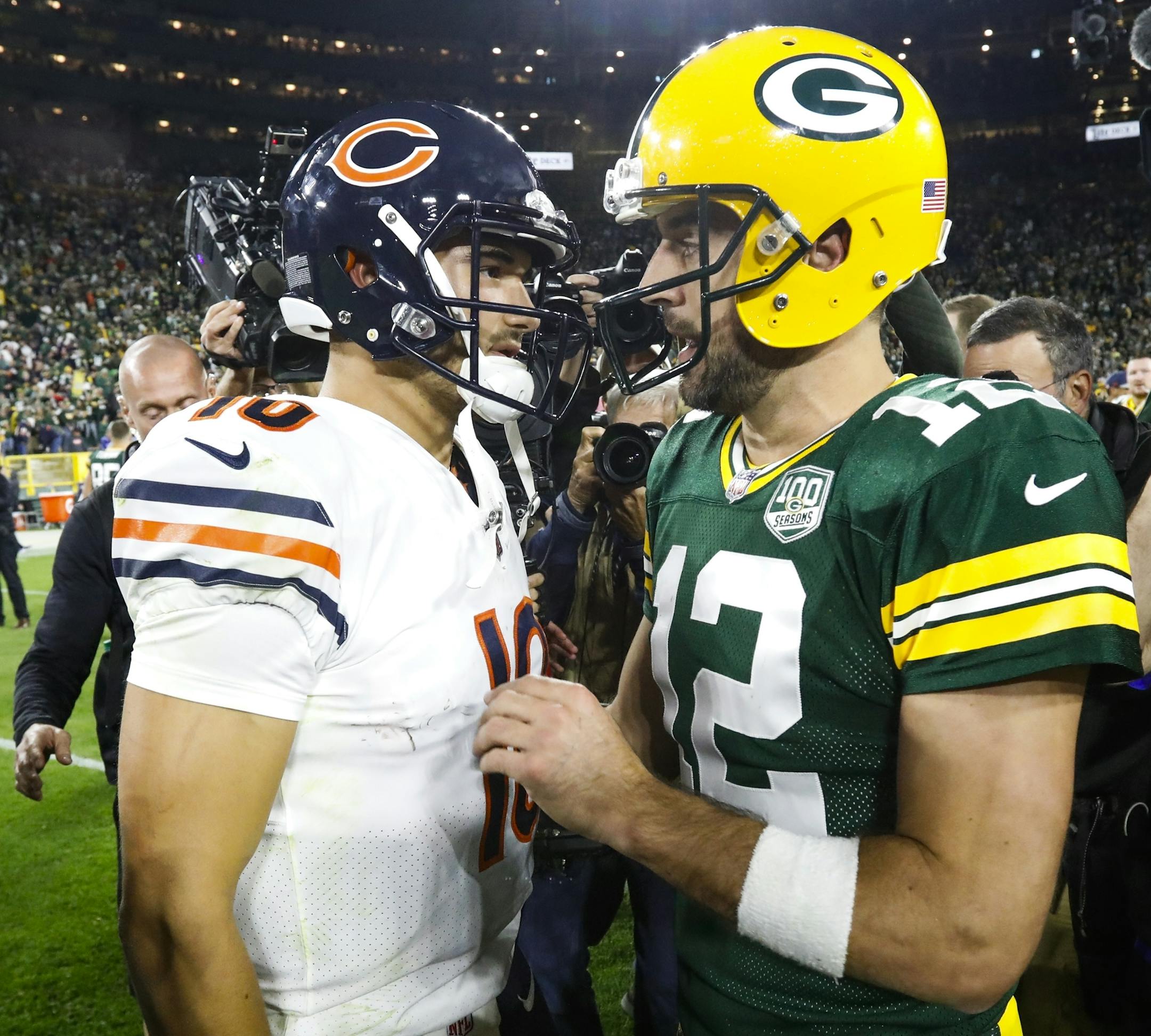 Green Bay Packers' Aaron Rodgers talks to Chicago Bears' Mitchell Trubisky after an NFL football game Sunday, Sept. 9, 2018, in Green Bay, Wis. The Packers won 24-23. (AP Photo/Mike Roemer)