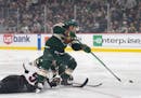 Minnesota Wild left wing Kirill Kaprizov gets a shot on goal off in the first period. 