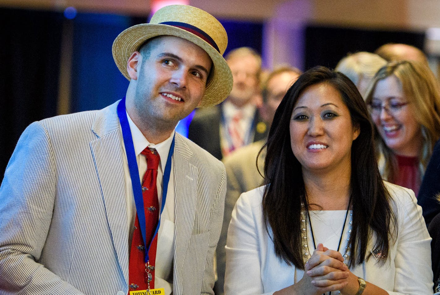 Spencer Krier, Matthew Pagano, Jennifer Carnahan and Tina Baird Arsenault were among the 33 candidates vyieng for 5 seats for delegate and alternate pledged to Marco Rubio. They waited their turn gave one-minute speeches asking for votes to attend the GOP National Convention in Cleveland ] GLEN STUBBE * gstubbe@startribune.com Saturday, May 21, 2016 DULUTH -- GOP activists gathered at the state Republican convention convene on Saturday to finalize the slate of national delegates headed to Clevel